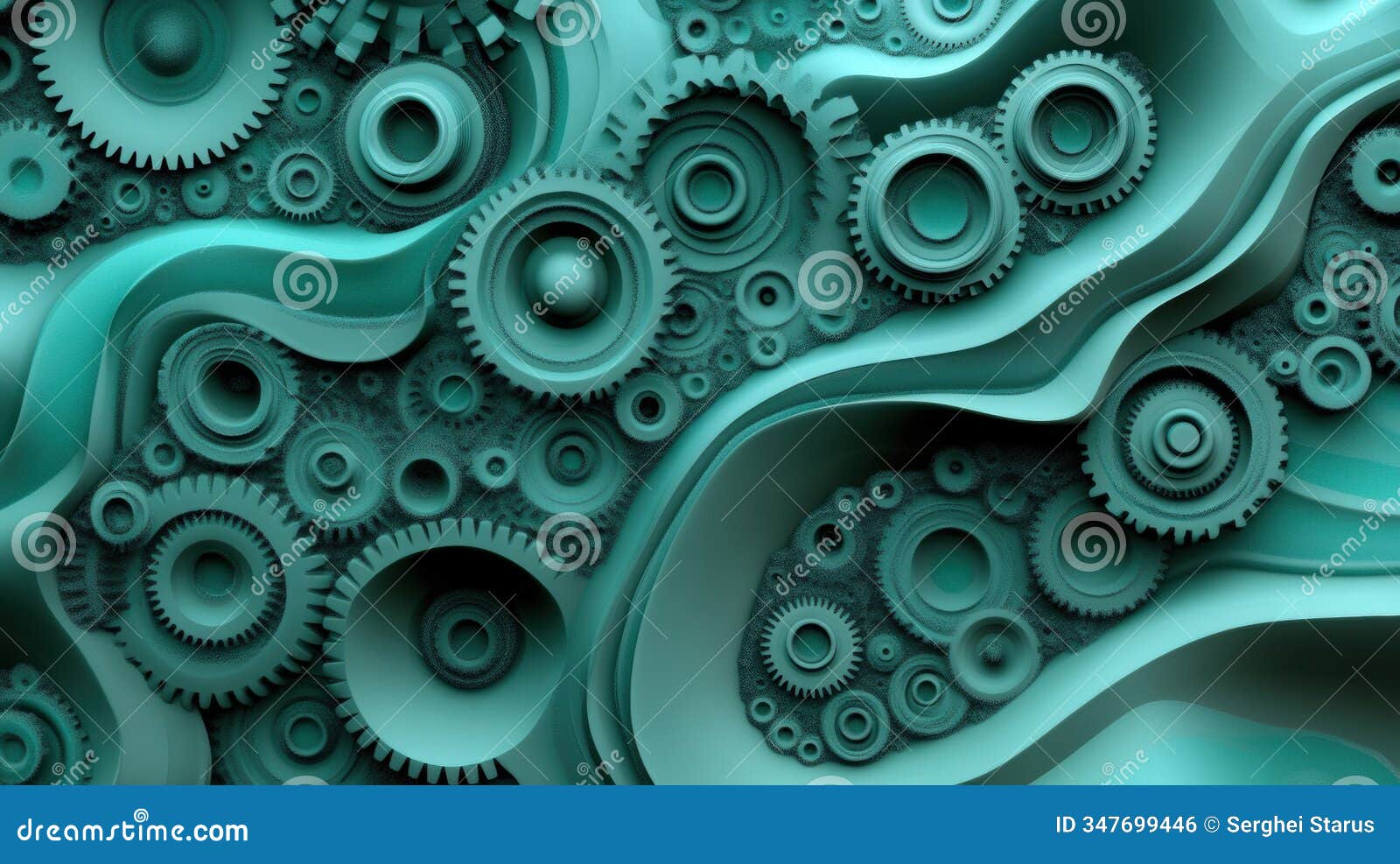 intricate teal gears interlock in a mesmerizing abstract pattern, ai