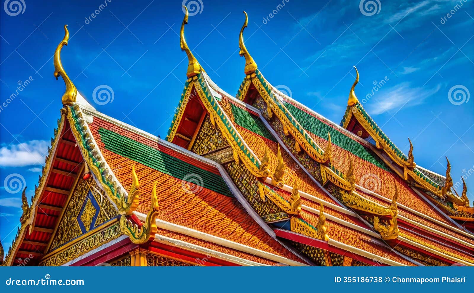 intricate thai temple roof detail against a clear blue sky a study in traditional architectural elegance
