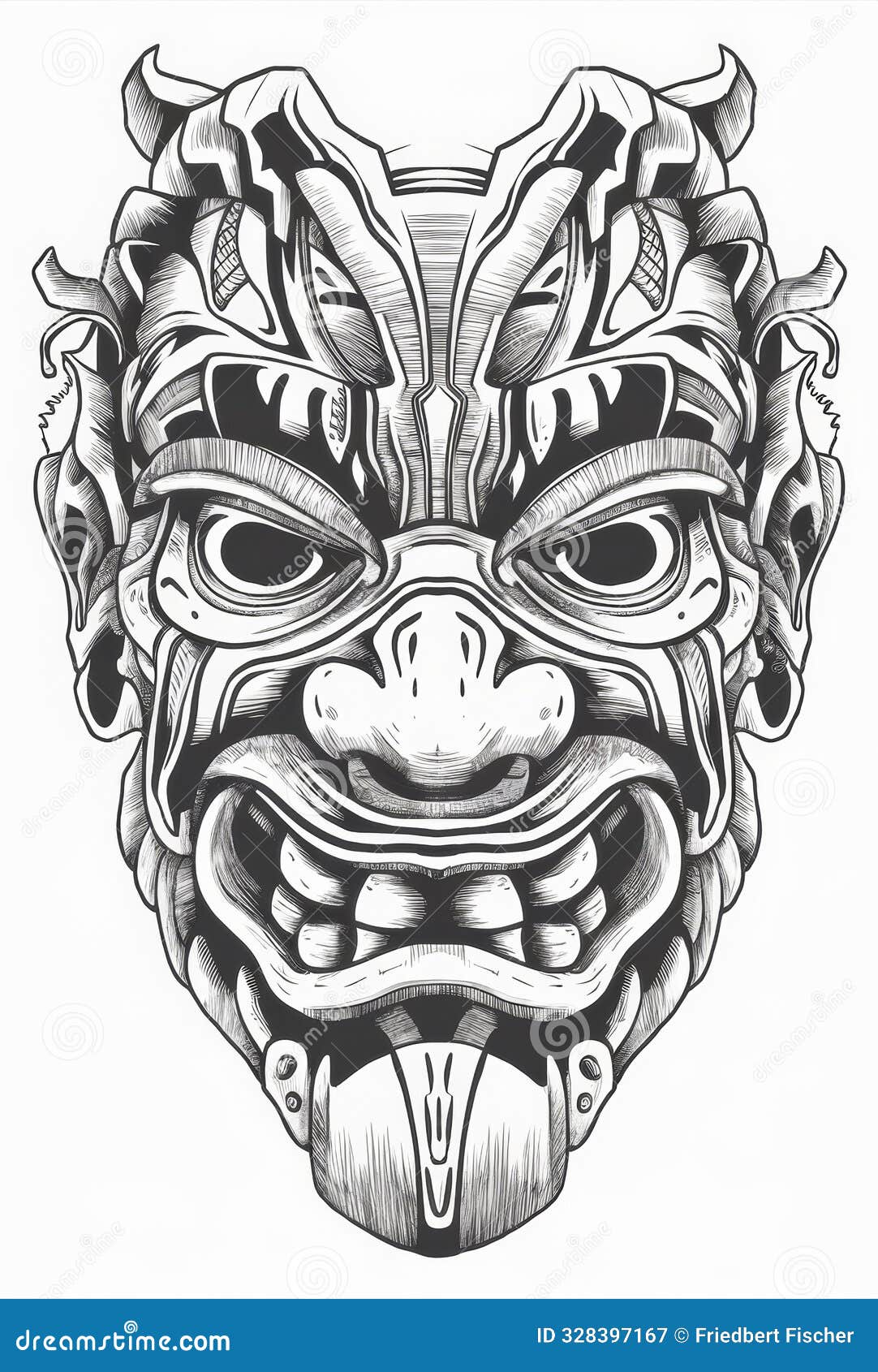 intricate tribal mask line art with fierce expressions and detailed patterns