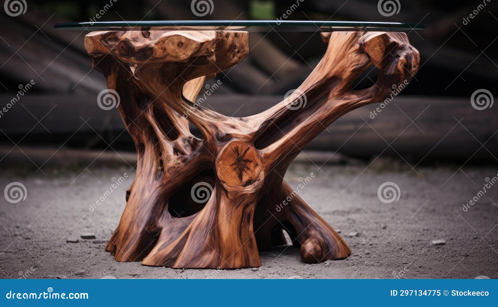 intricate woodwork glass top end table with rustic abstraction