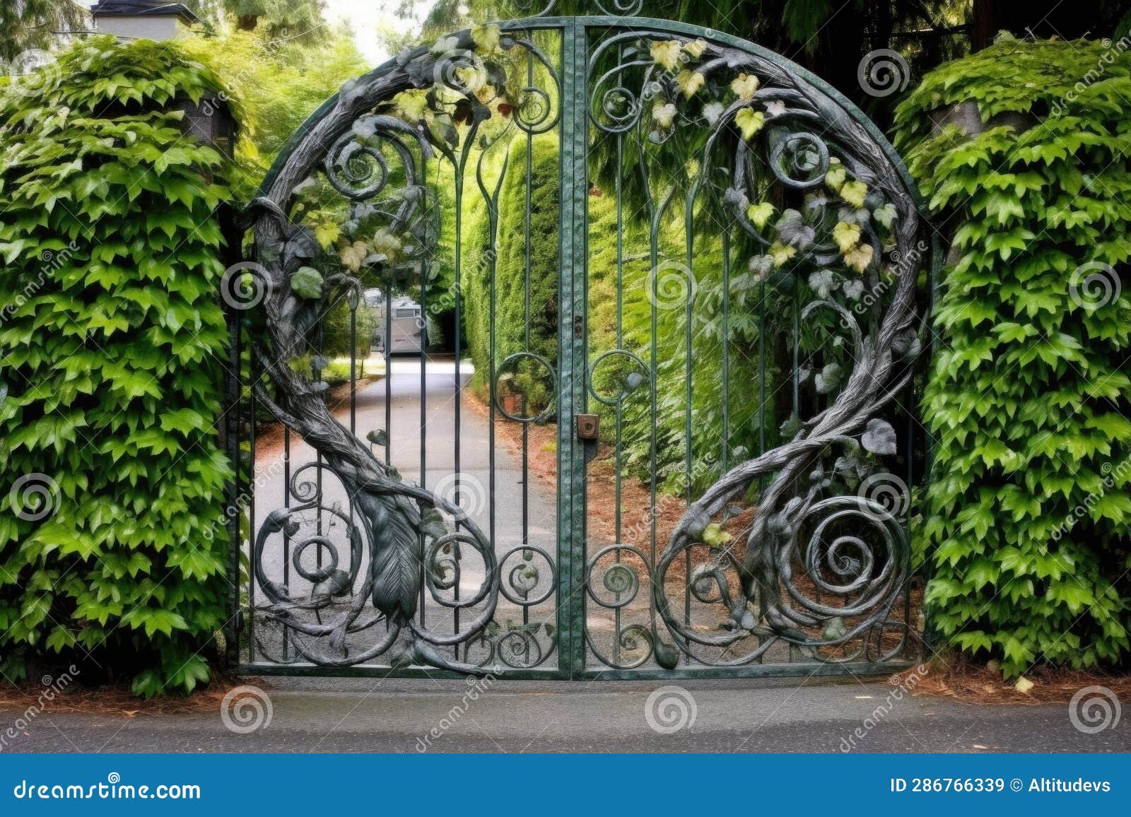 intricate wrought iron gate with ivy entwining the 