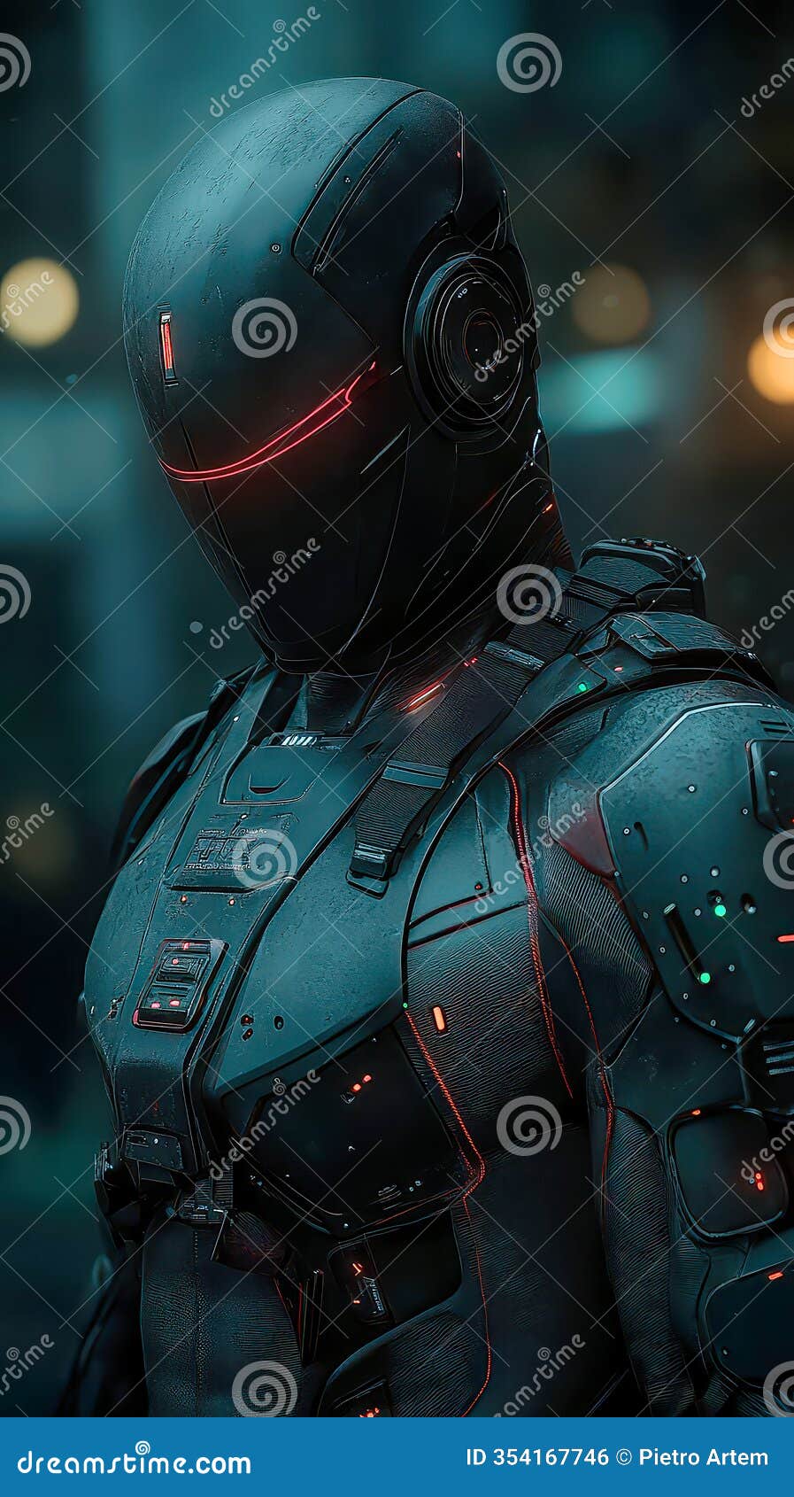 futuristic android stands in the twilight, showcasing a sleek metallic  with glowing eyes in a lush environment