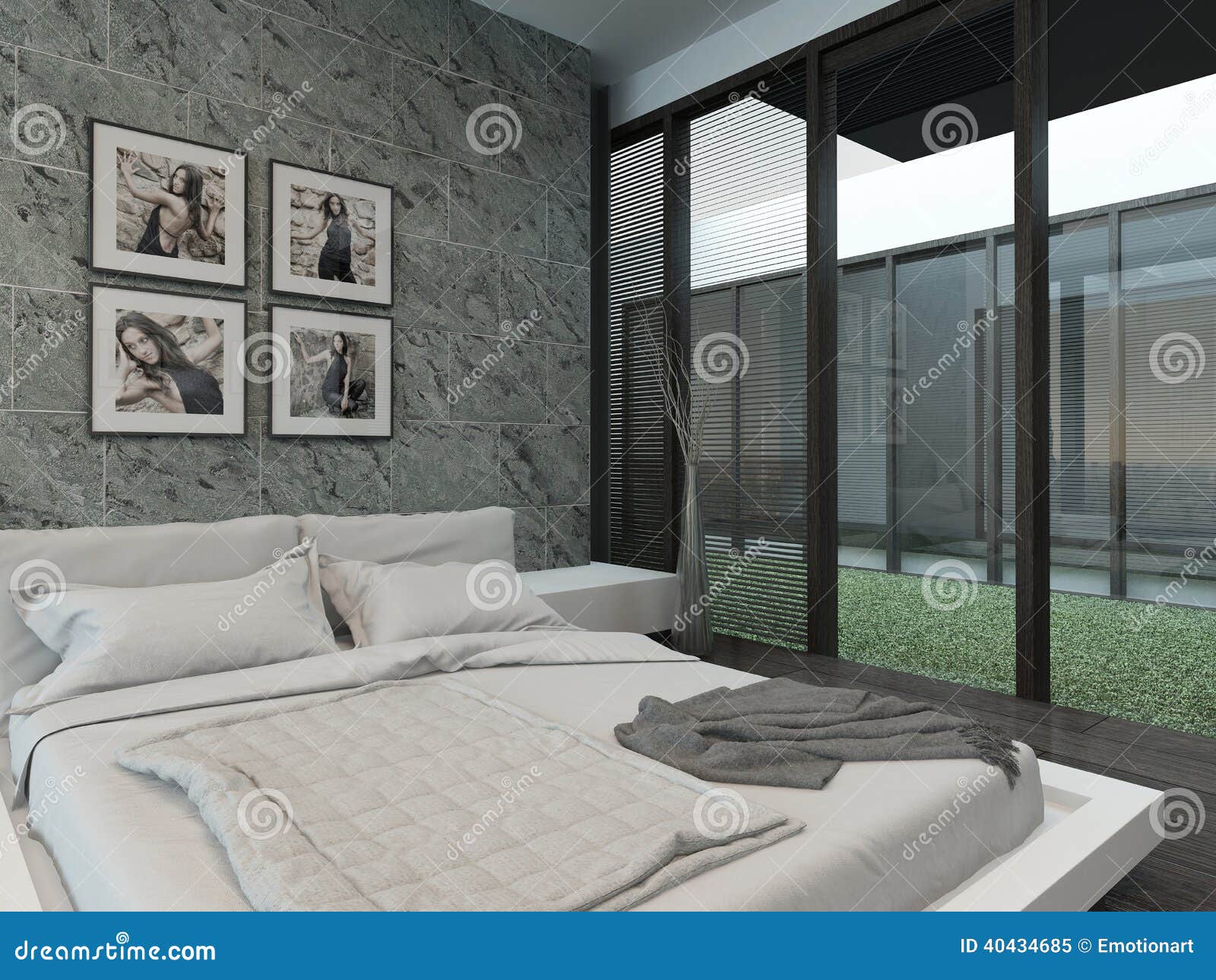 Intérieur moderne de chambre à coucher avec le mur en pierre ...