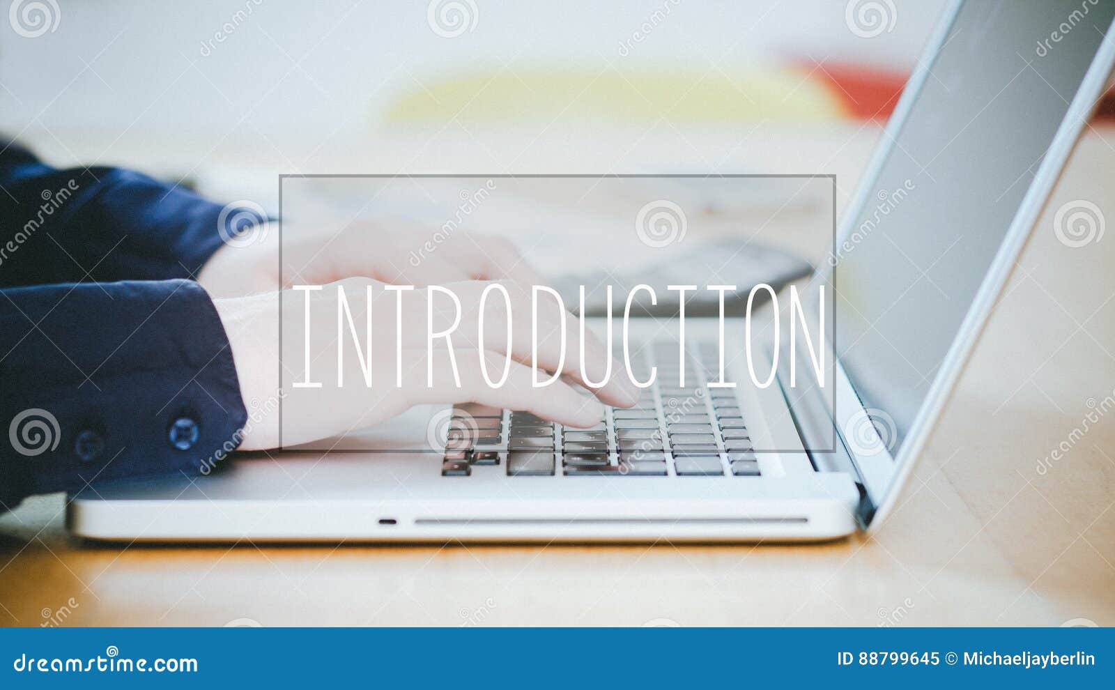 introduction, text over young man typing on laptop at desk