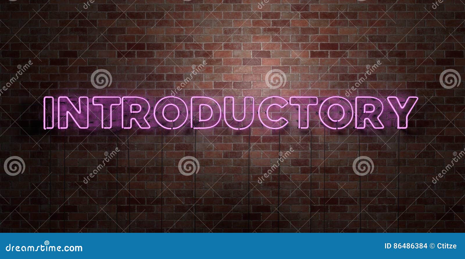 introductory - fluorescent neon tube sign on brickwork - front view - 3d rendered royalty free stock picture