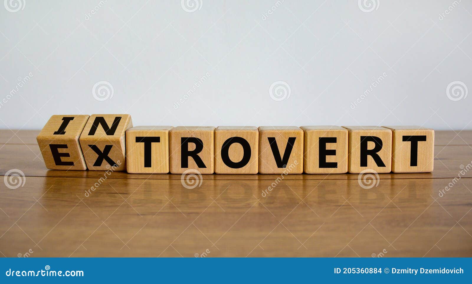 introvert or extrovert . fliped cubes and changed the word `introvert` to `extrovert`. beautiful wooden table, white