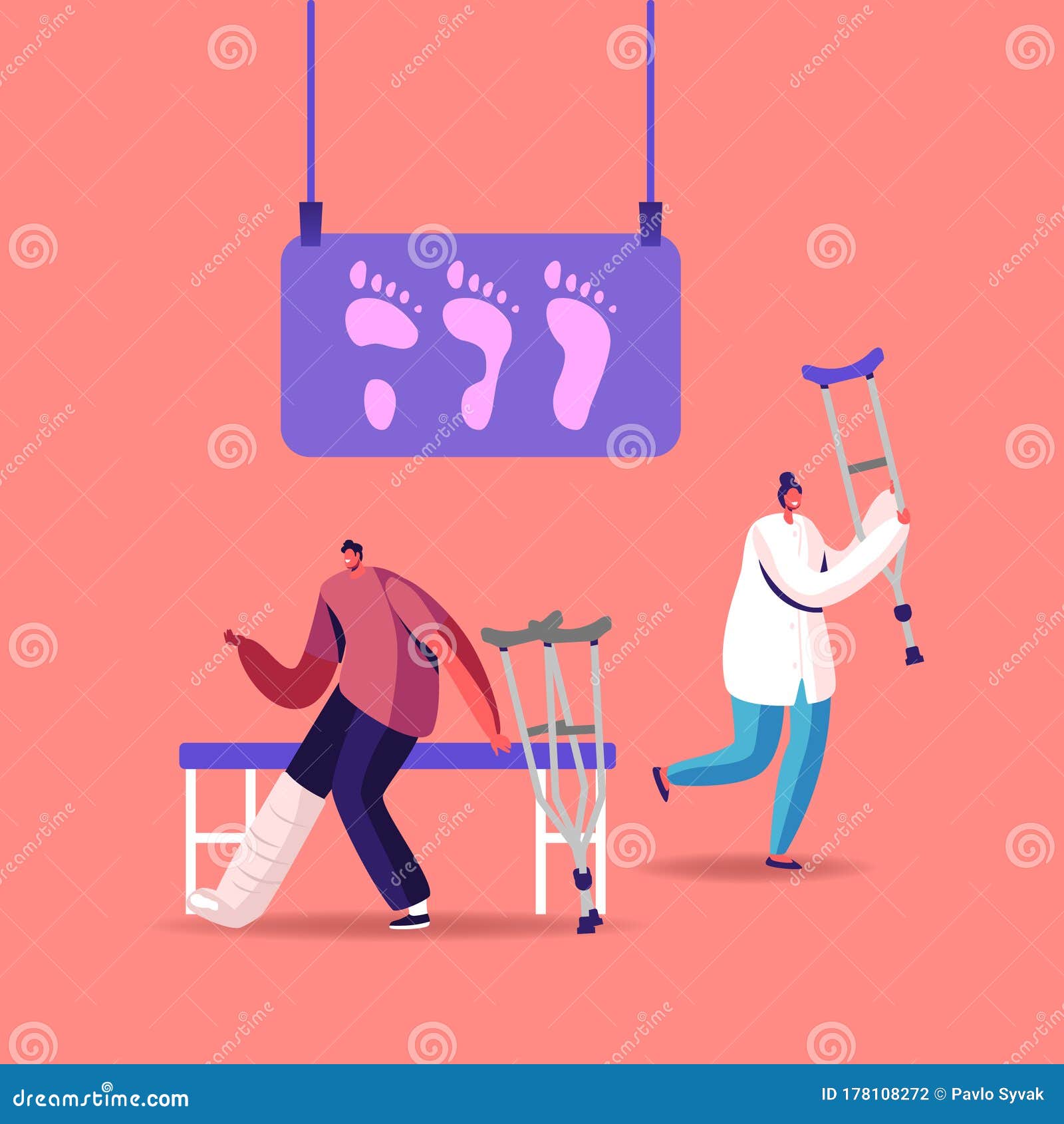 invalid handicapped man character with leg fracture stand on crutches visit orthopedy or podiatry clinic