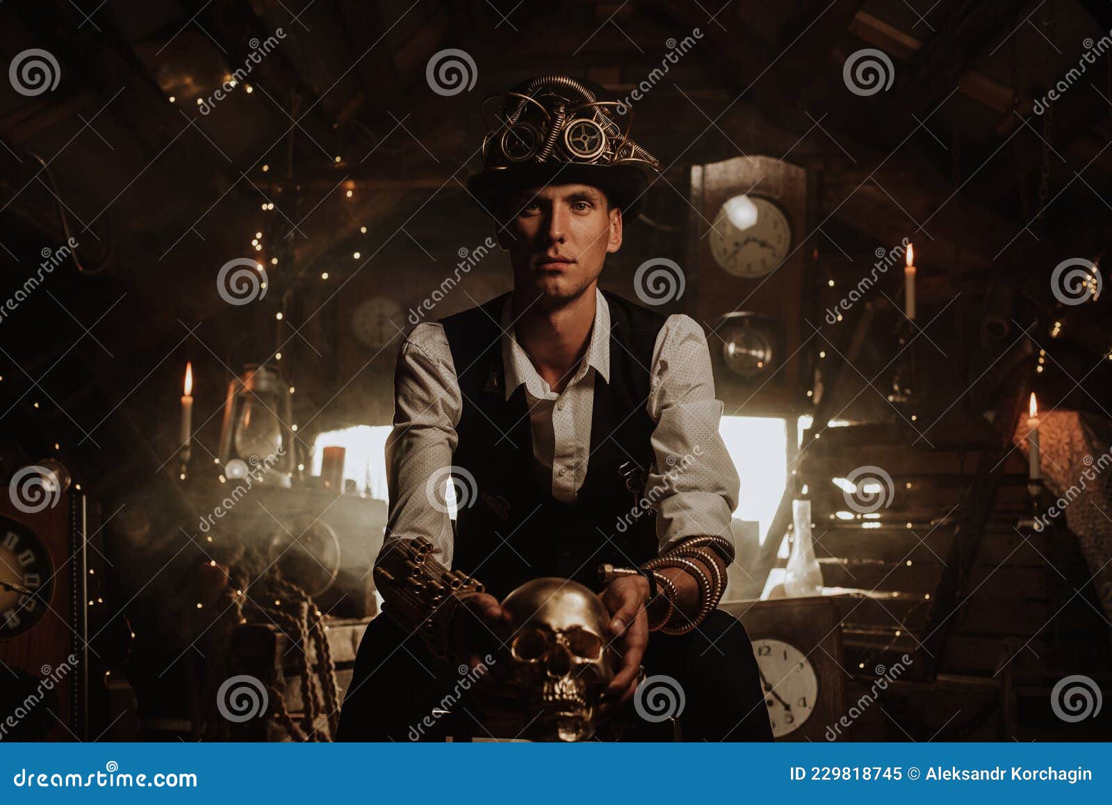 Cosplay steampunk. um inventor masculino em um terno com