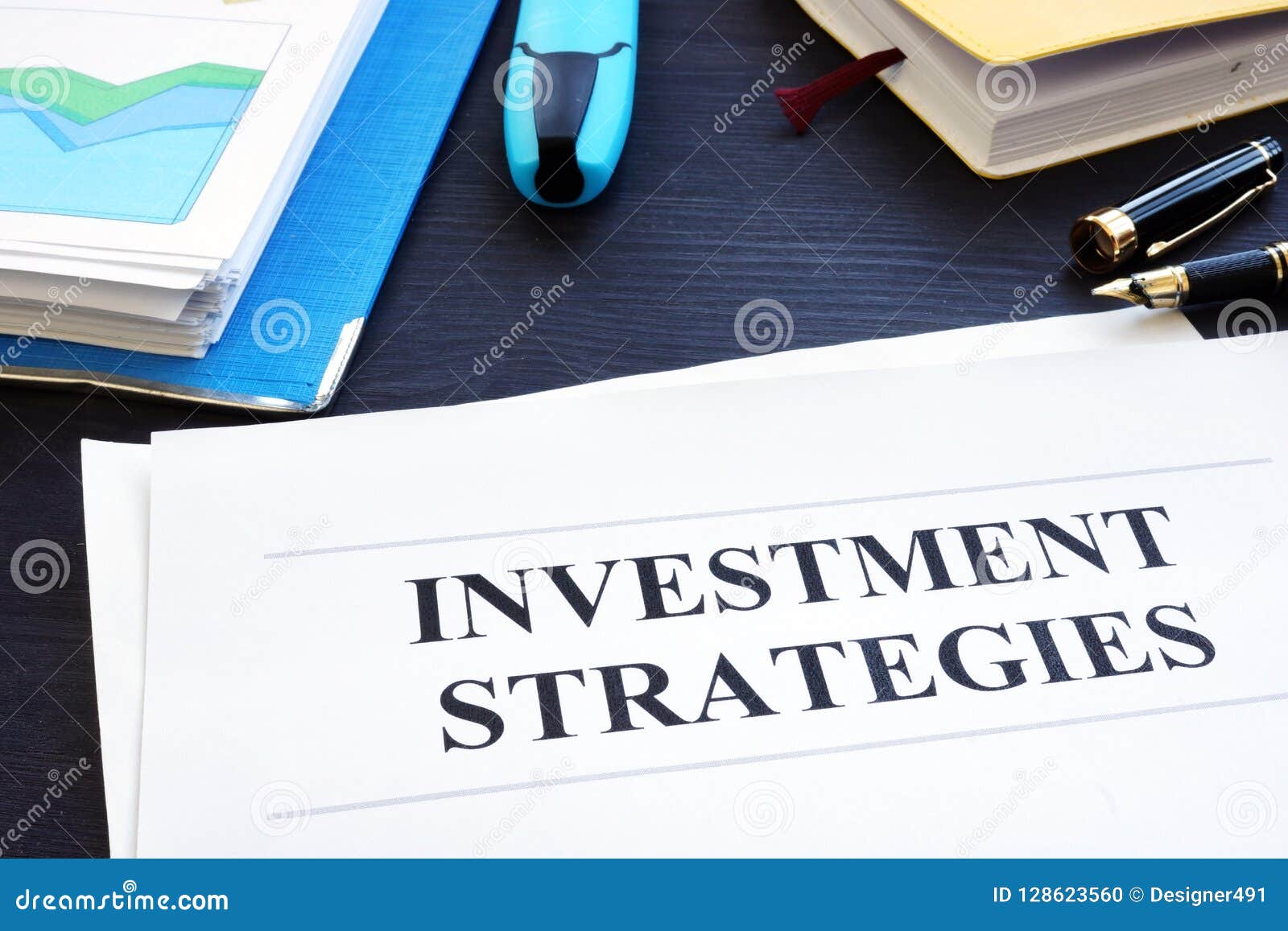investment strategies and folder with business documents.