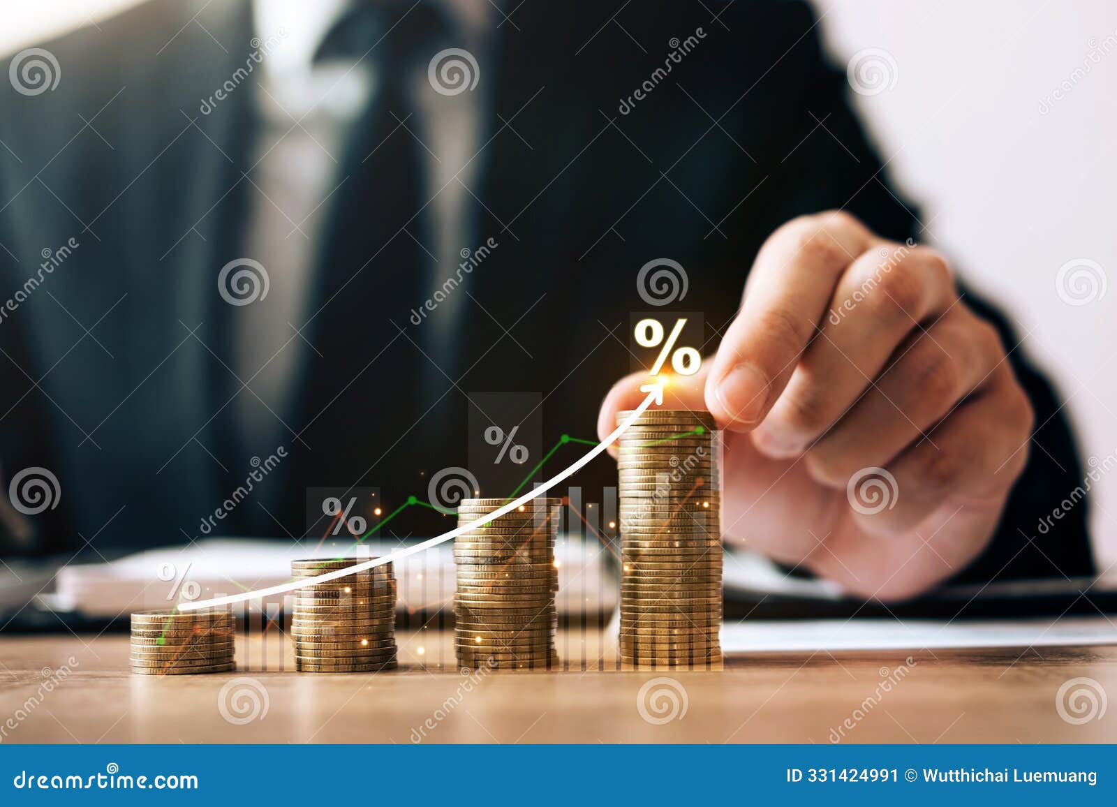 investors man are placing coins interest rate and dividend concept. interest rates continue to increase and return on stocks and