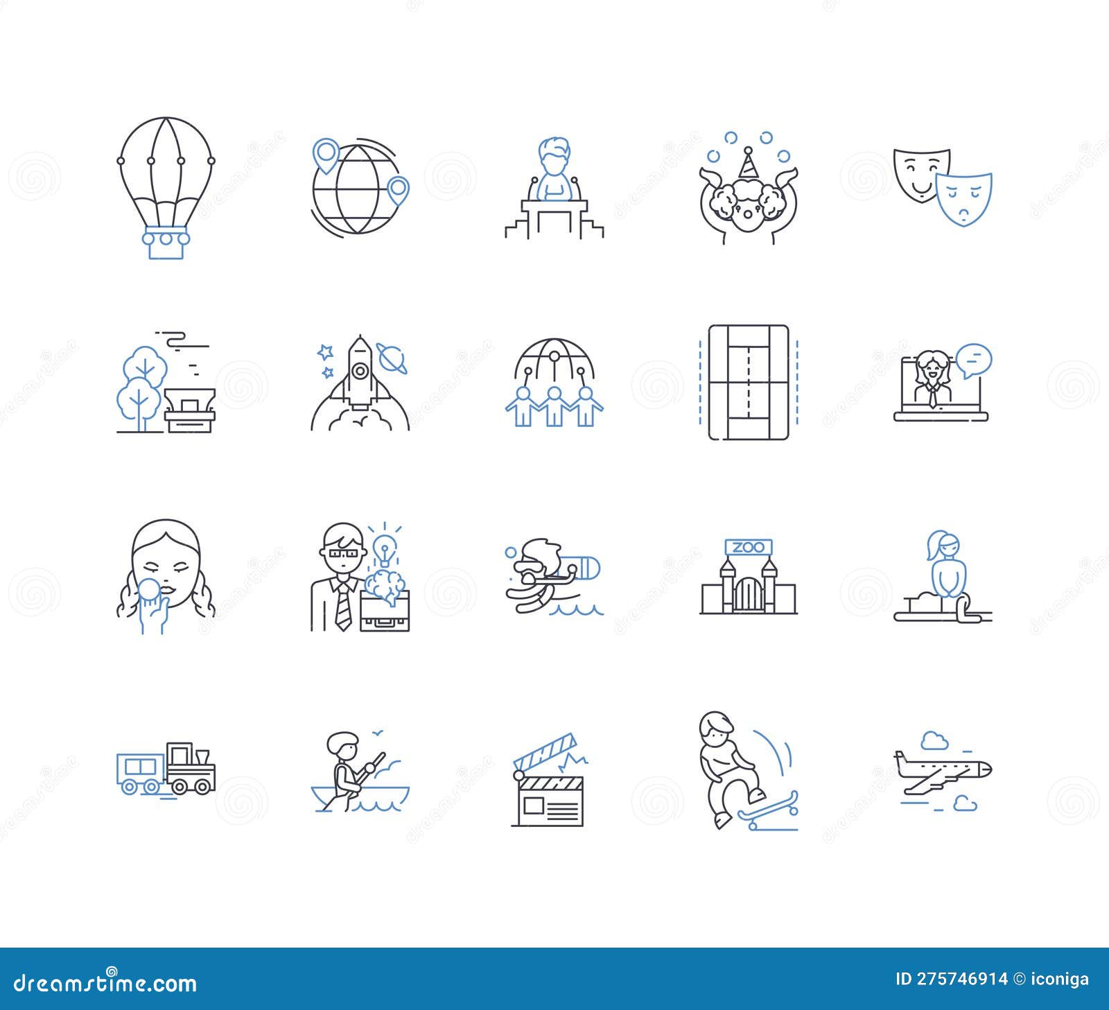 invigorating pursuits line icons collection. hiking, rock-climbing, running, surfing, skiing, skydiving, bungee-jumping