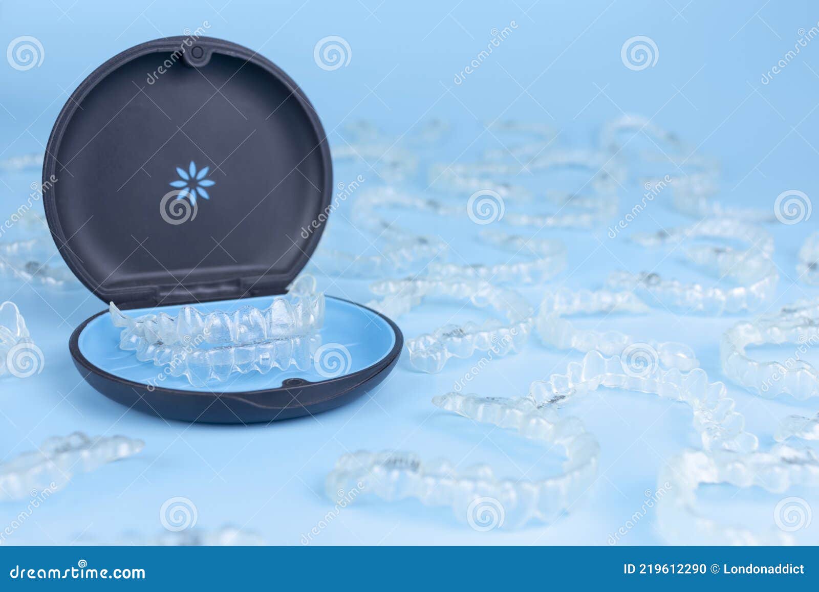 Invisible Retainers Case with Orthodontic Aligner Brackets. Black Plastic Dental Container for