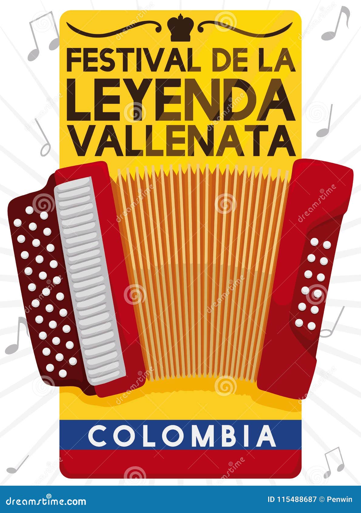 label with accordion, flag and notes for vallenato legend festival,  