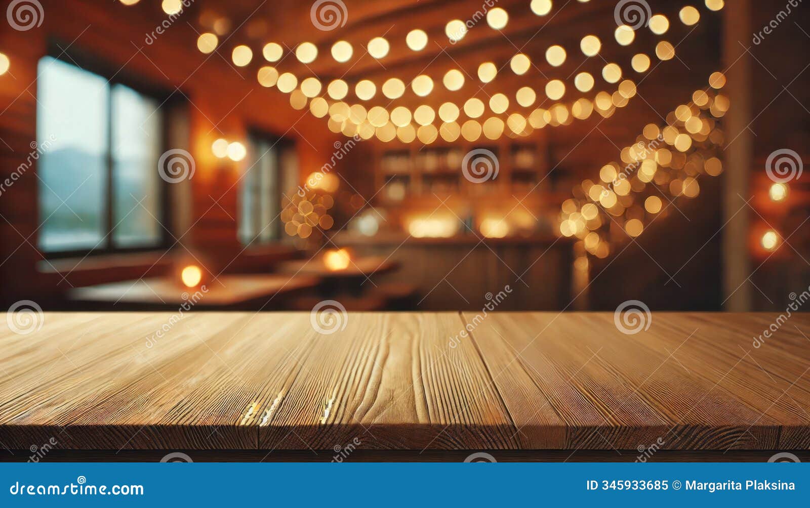 inviting cafe table with warm festive lights in rustic interior