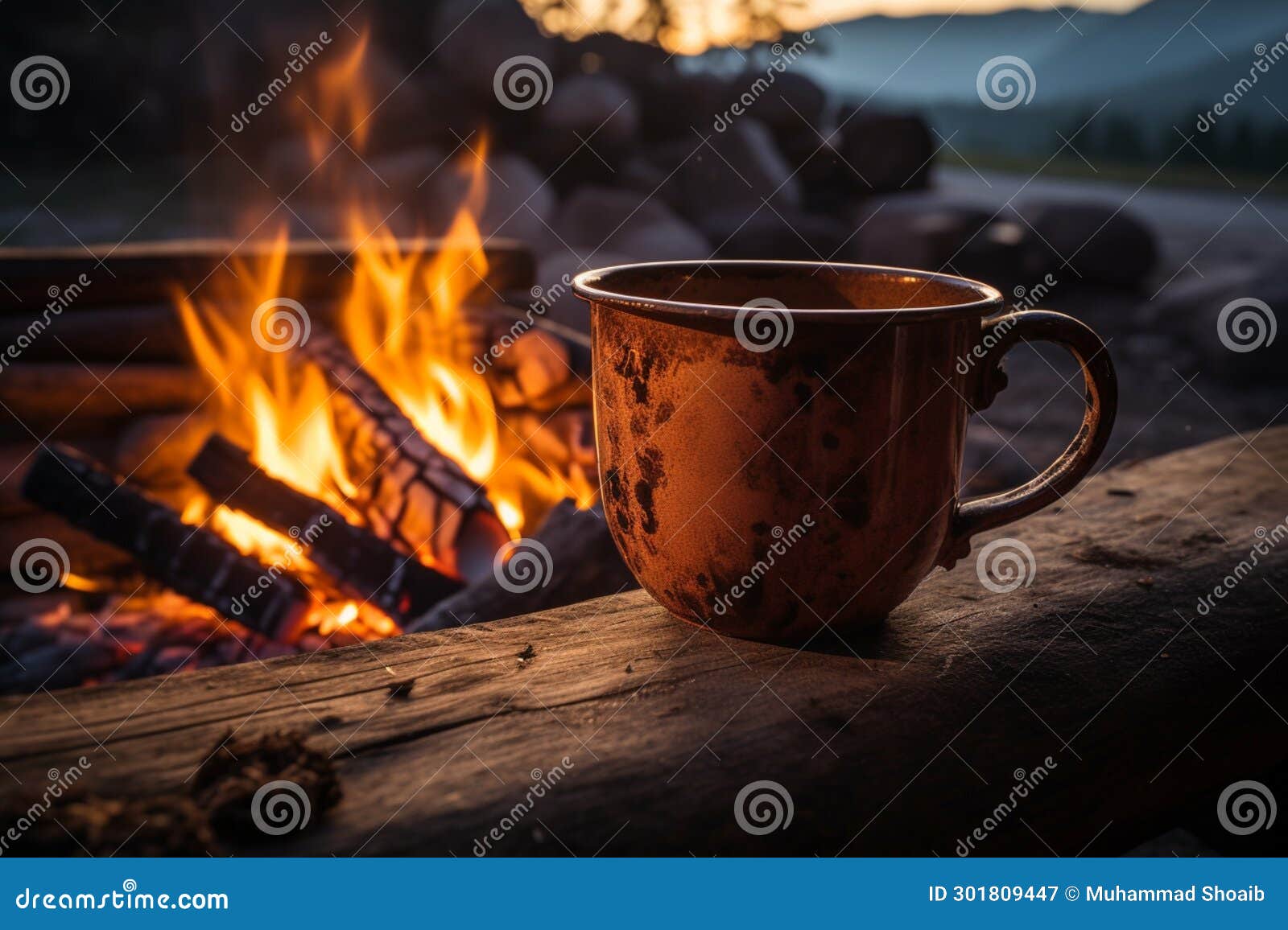 inviting coffee in norways wilderness, bathed in campfires golden light