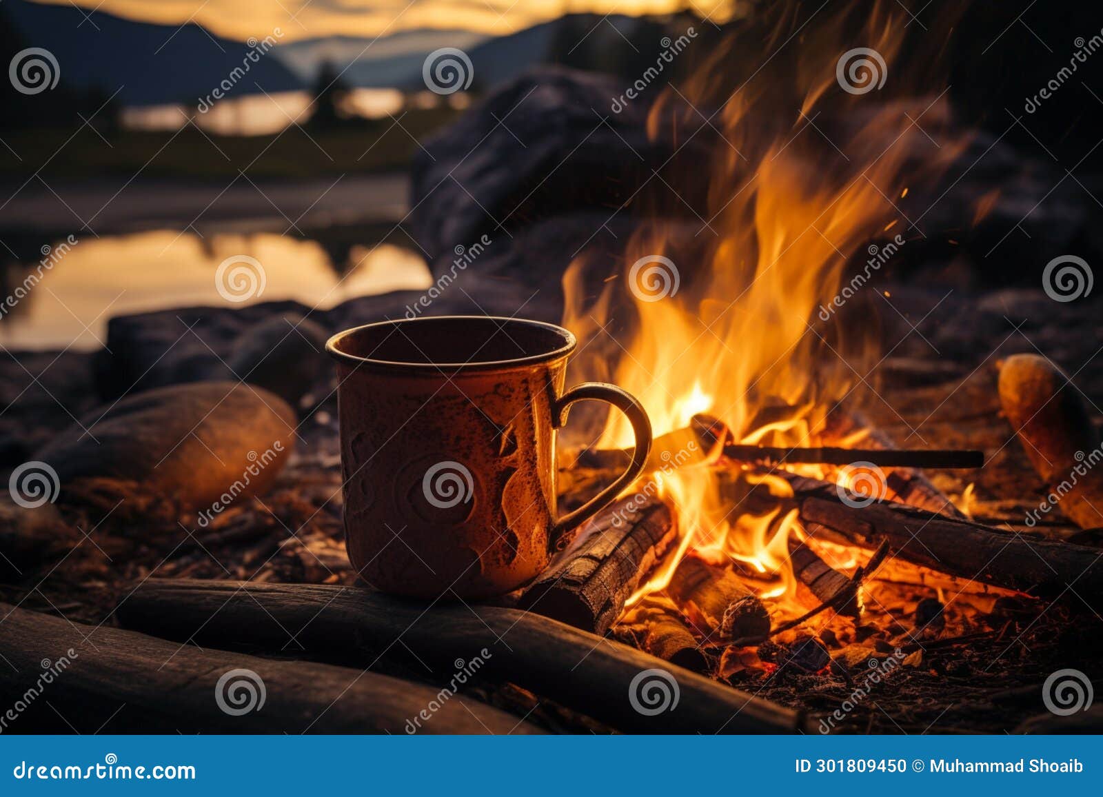 inviting coffee in norways wilderness, bathed in campfires golden light