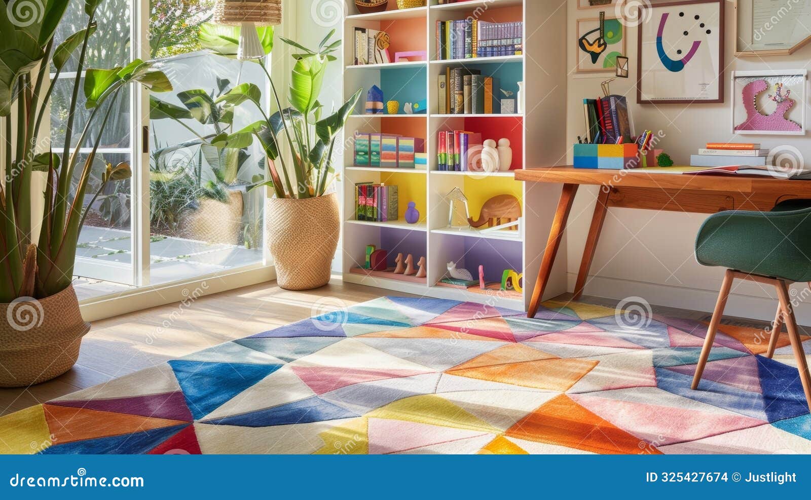 an inviting home office with a lively atmosphere featuring a multicolored geometric rug a rainbowinspired bookshelf and