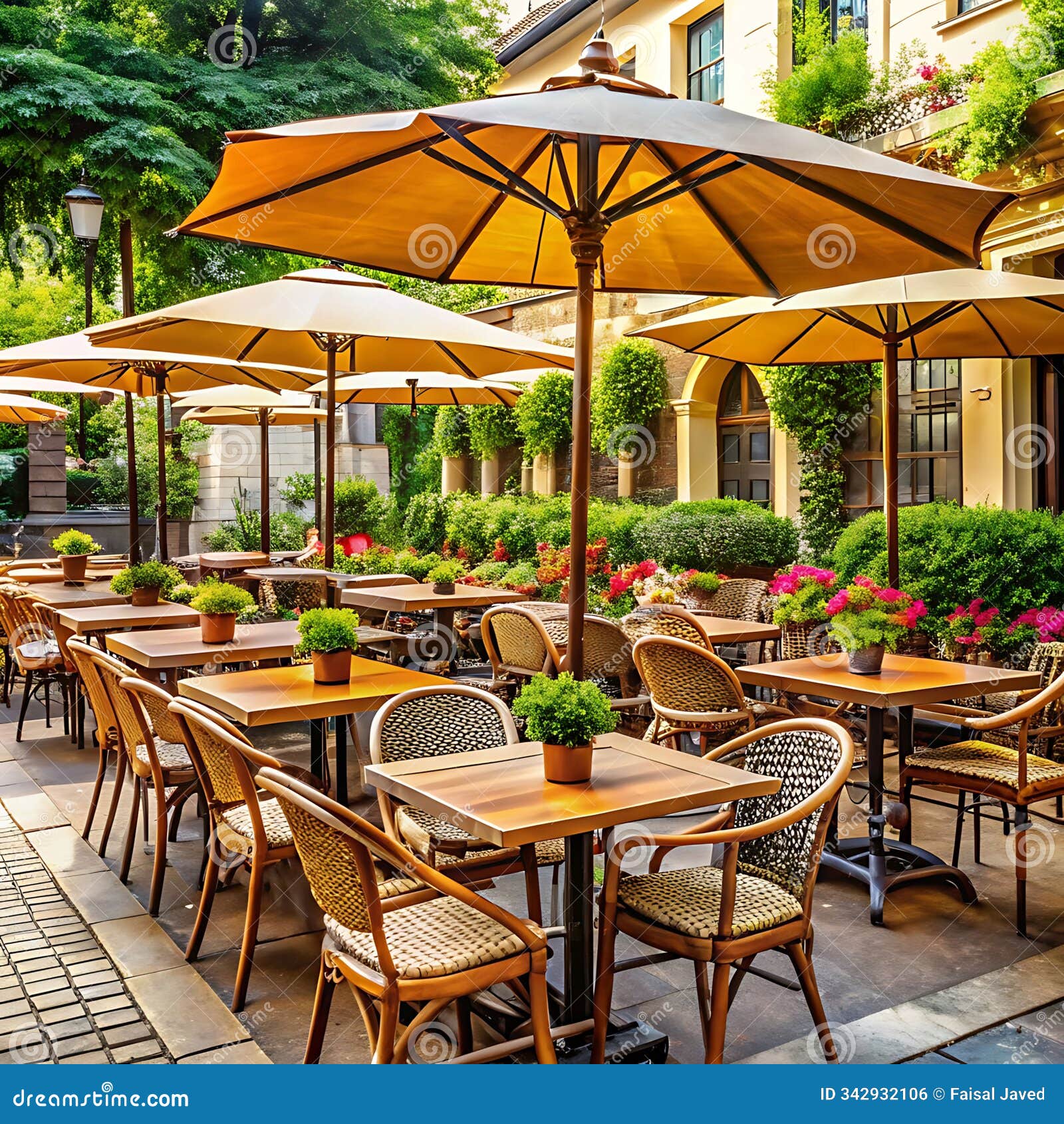 an inviting outdoor cafe, with tables set up under umbrellas, buzzes with laughter