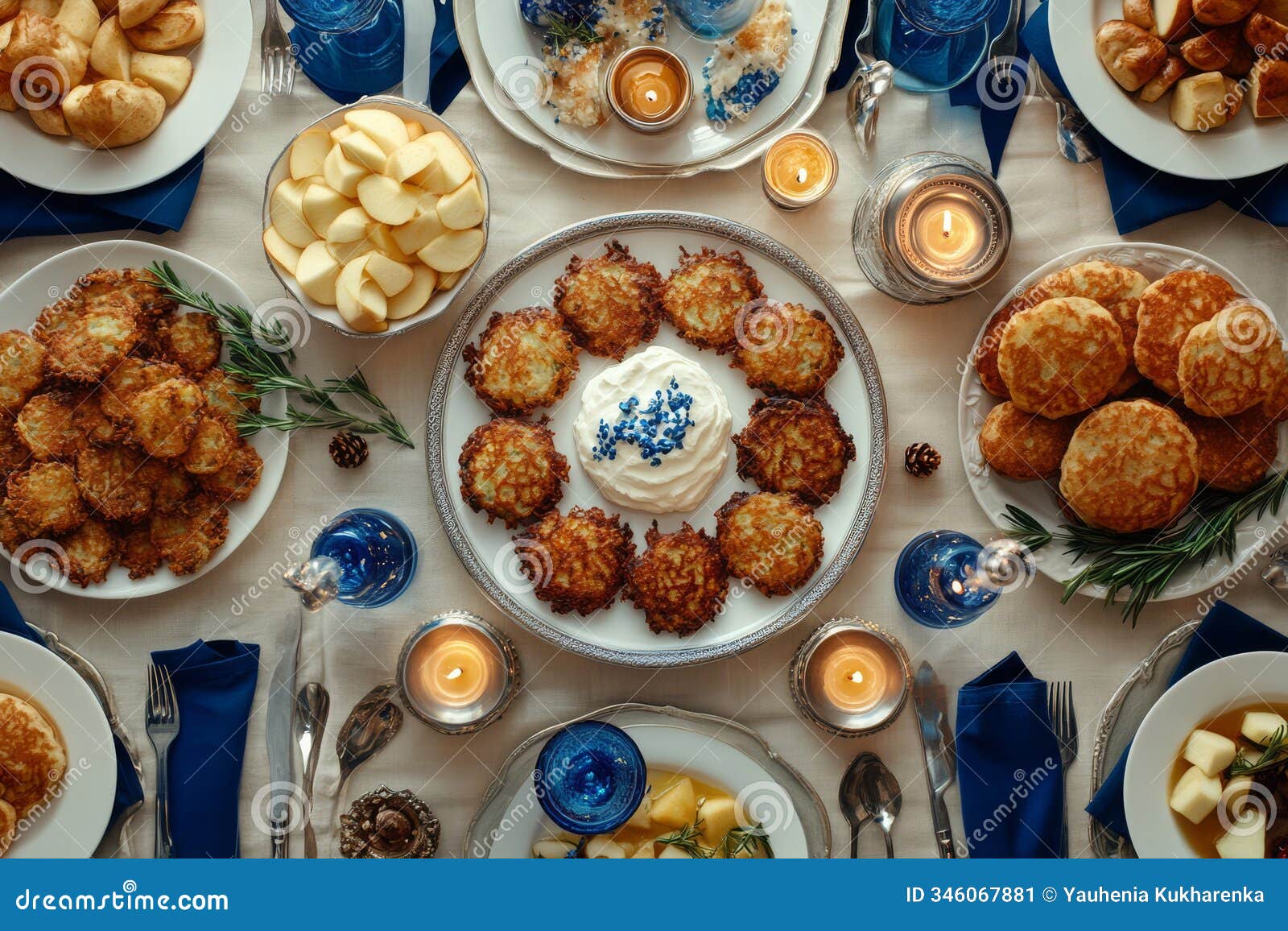 festive hanukkah feast overhead view