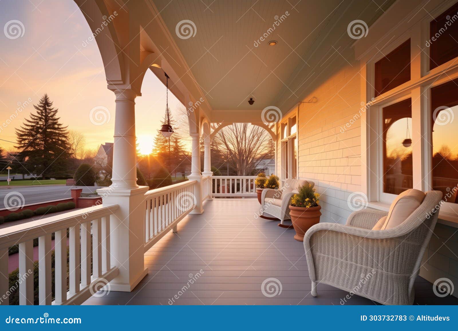 inviting wide veranda on a shingle style house during sunset