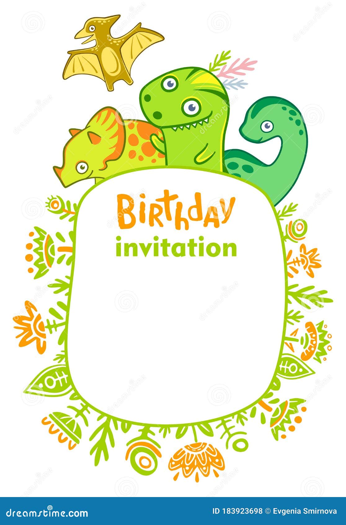 Invito Per Il Compleanno Dei Bambini. Cartoni Animati Dinosauri E Floreale  Piatta Illustrazione Per Carta. Dino. Illustrazione di Stock -  Illustrazione di partito, scheda: 183923698