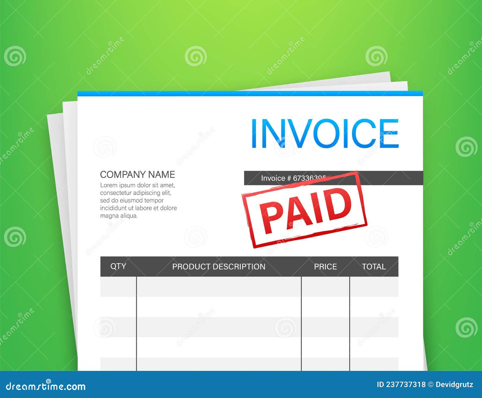 Invoice with Paid Stamp. Accounting Concept. Customer Service. Vector