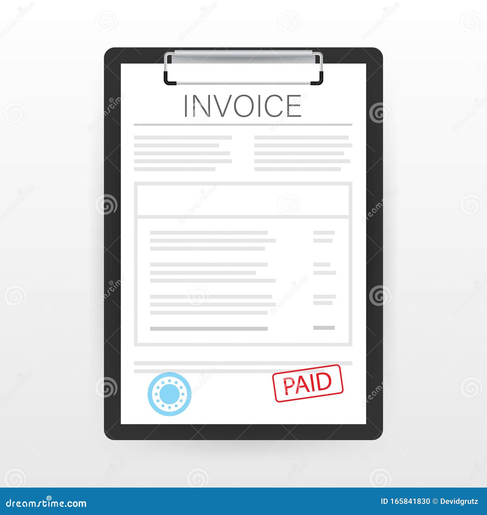 Invoice with Paid Stamp in Clipboard. Vector Stock Illustration Stock
