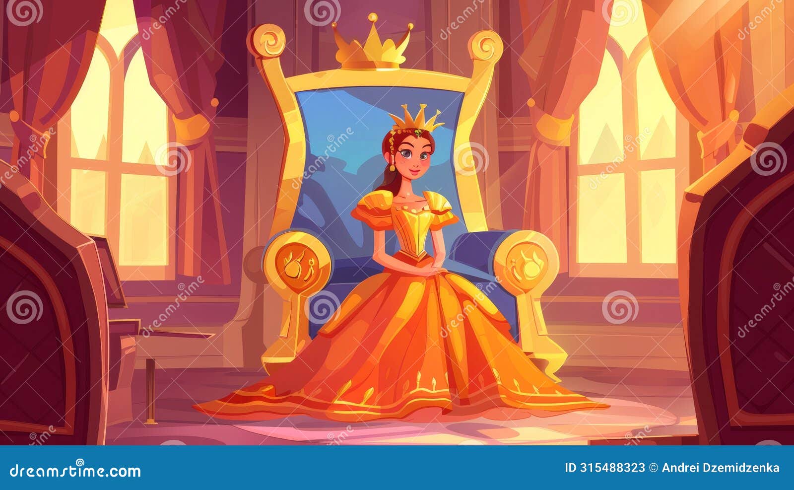 involving a fairytale female personage, a queen in a palace, medieval throne room interior, monarchy cartoon character