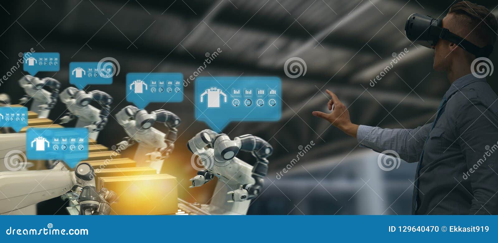 iot industry 4.0 concept,industrial engineer using smart glasses with augmented mixed with virtual reality technology to monitorin