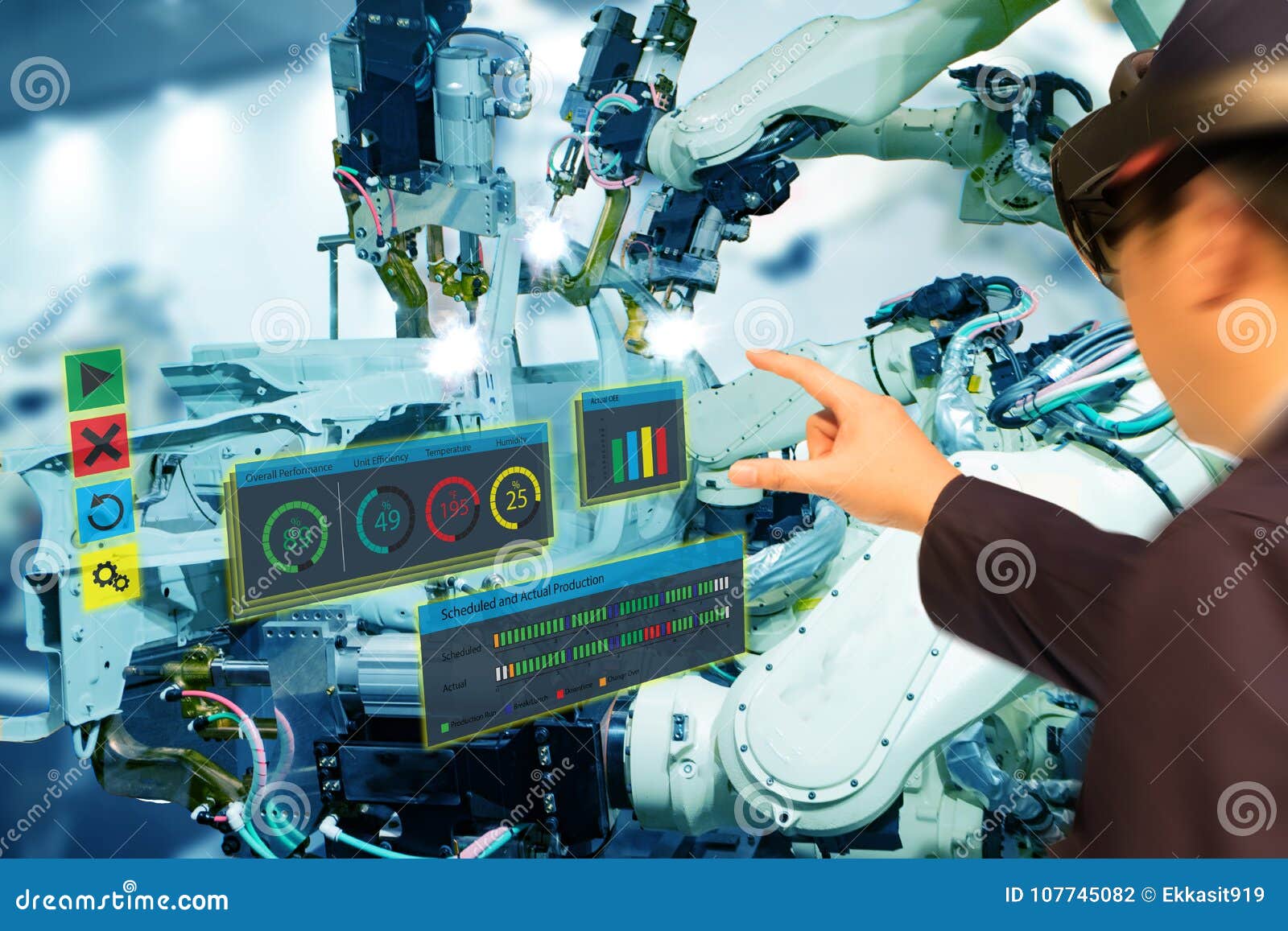 iot industry 4.0 concept,industrial engineerblurred using smart glasses with augmented mixed with virtual reality technology to