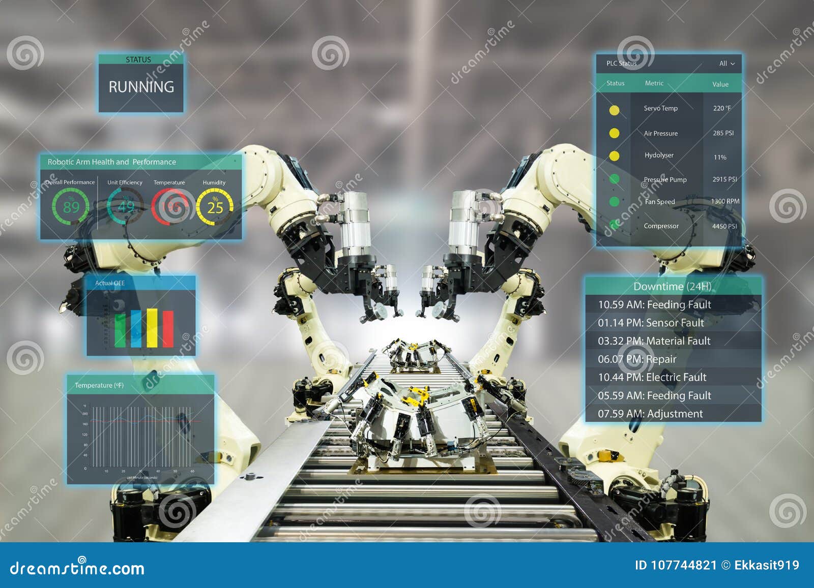 iot industry 4.0 concept.smart factory using automation robotic arms with augmented mixed virtual reality technology to show data