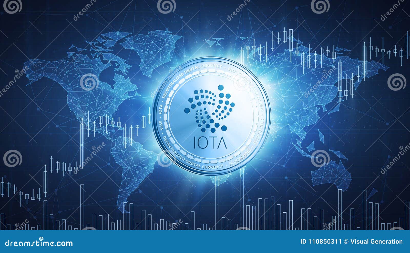 iota cash coin on hud background with bull stock chart.