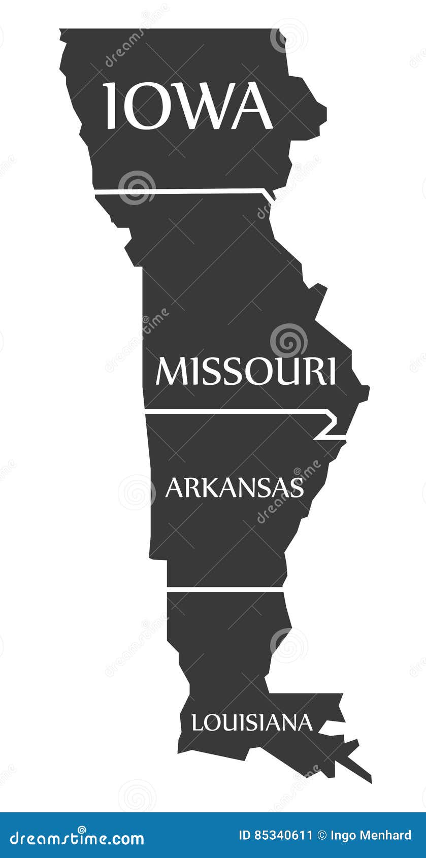 Iowa - Missouri - Arkansas - Louisiana Map Labelled Black Stock