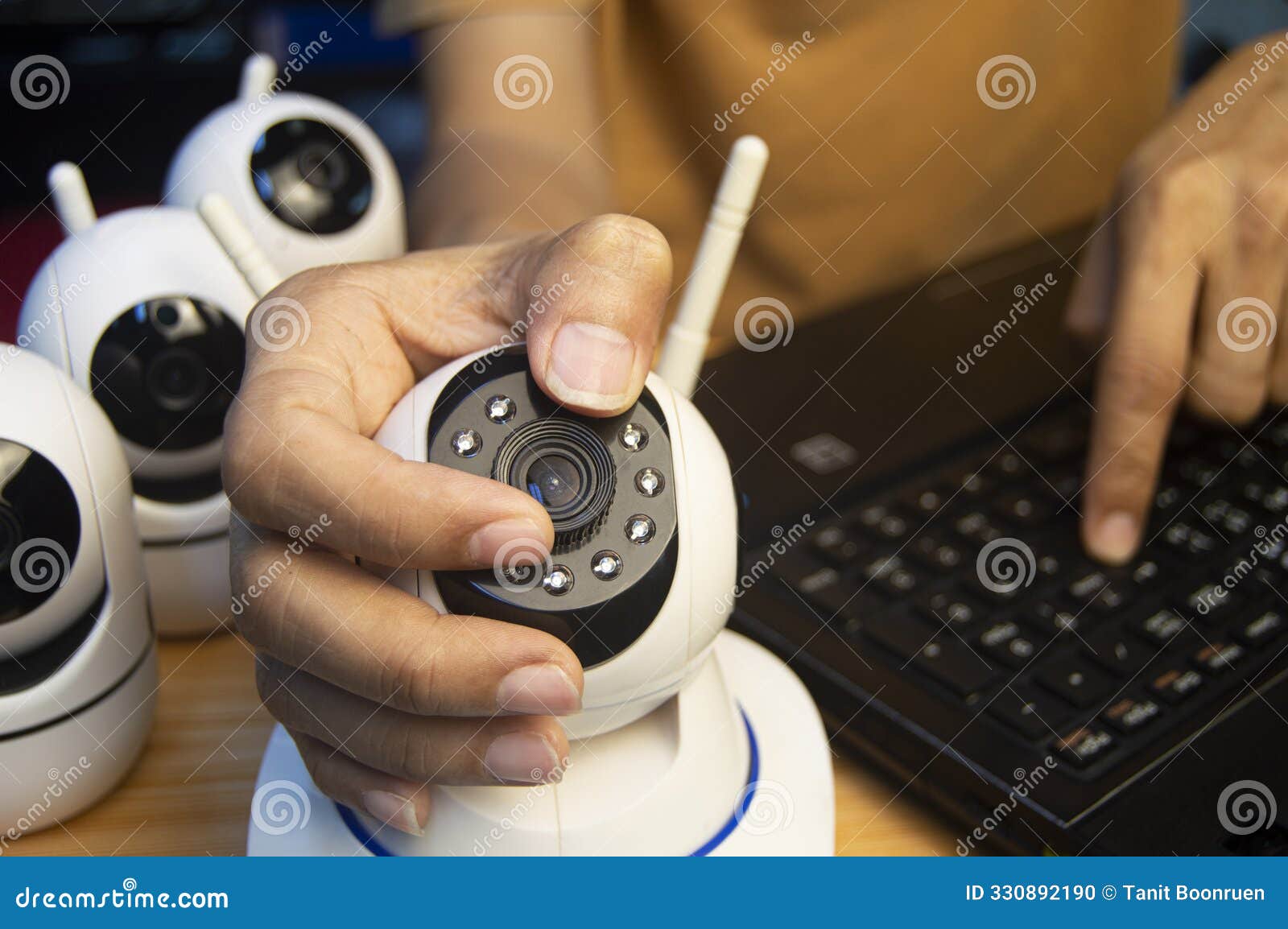 IP Camera Operator from the Computer, Set Up the IP Camera Stock Photo