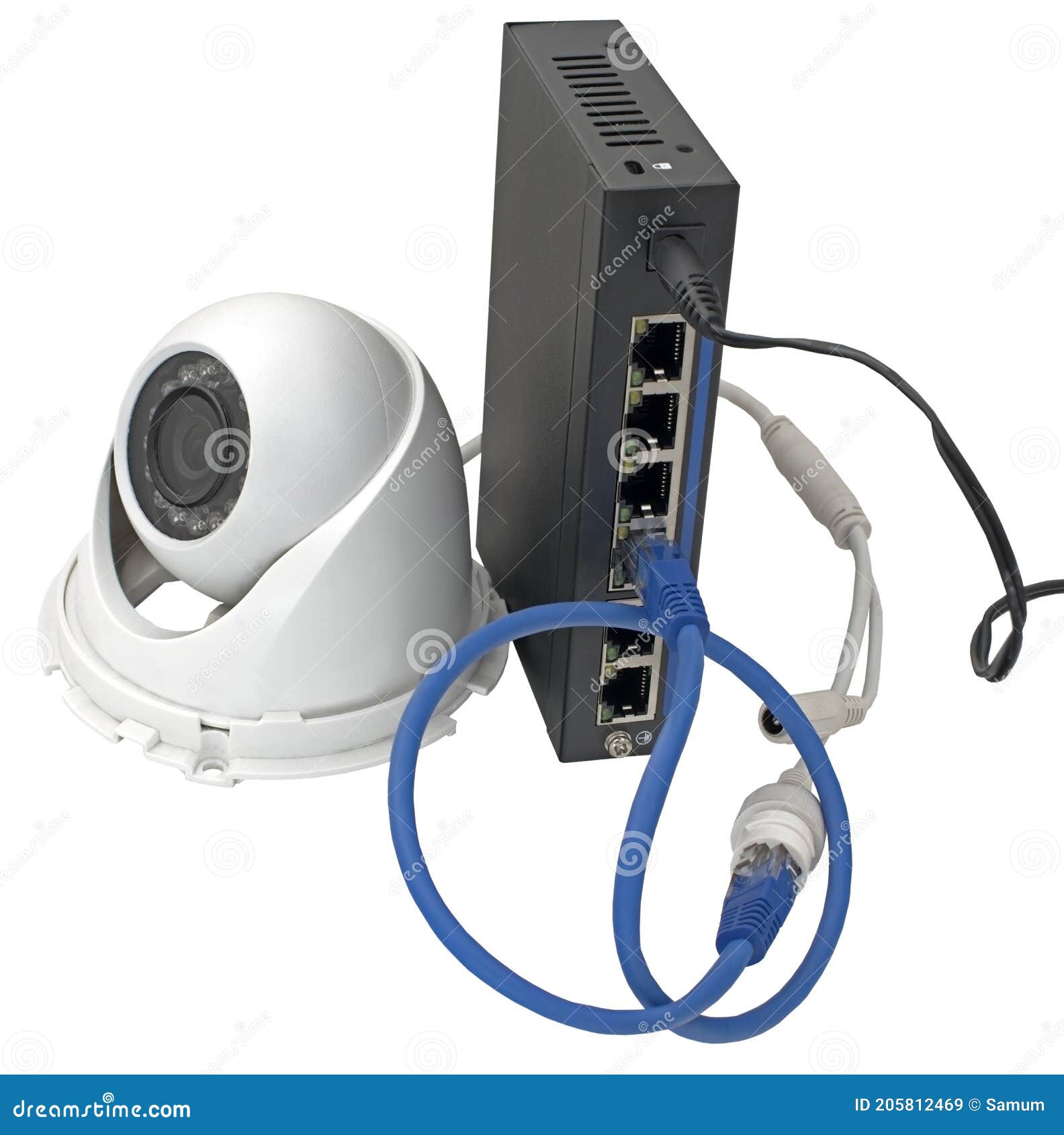 IP Security Camera, LAN Cables and Router on White Stock Image Image
