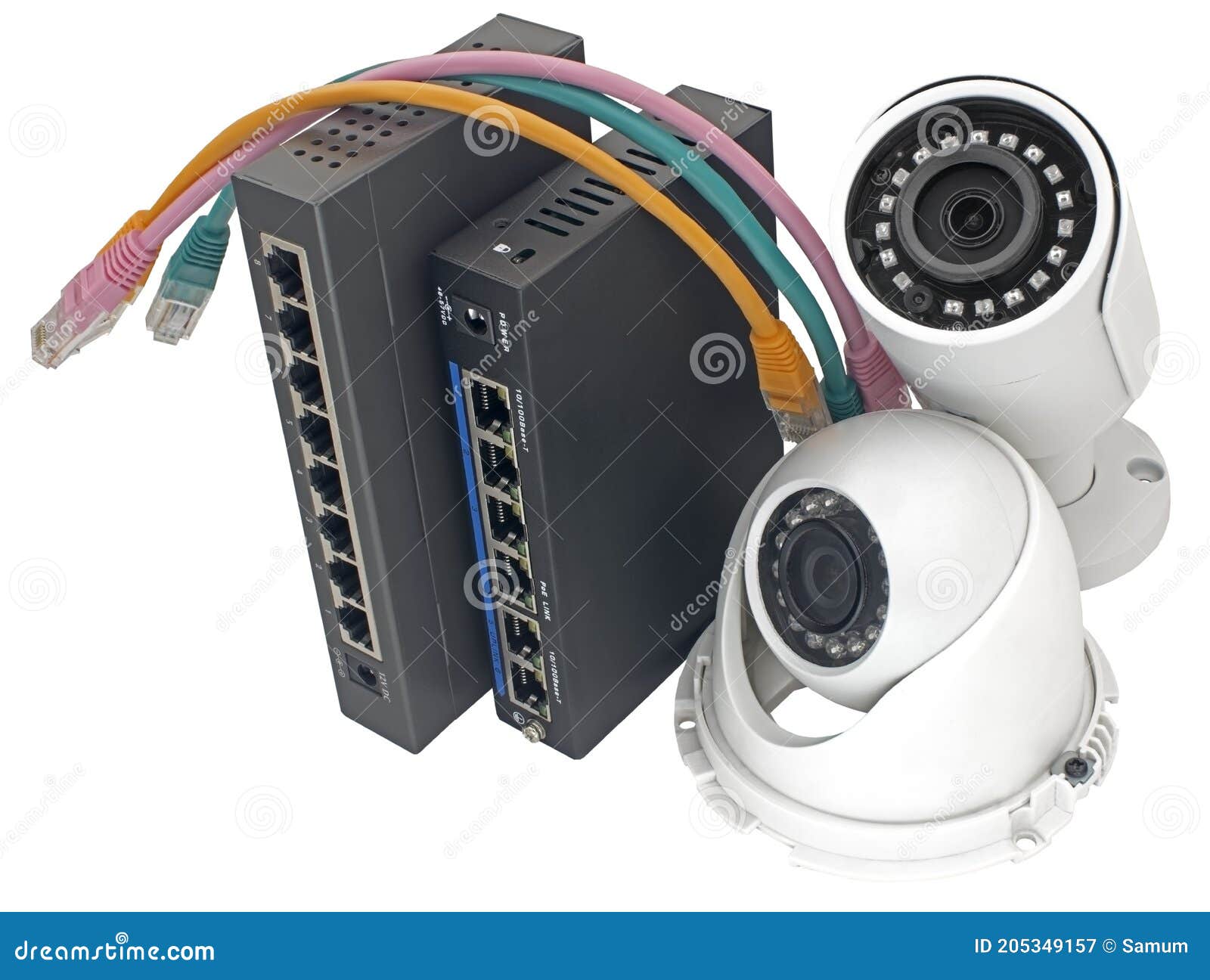 IP Security Cameras, LAN Cables and Routers Stock Image Image of