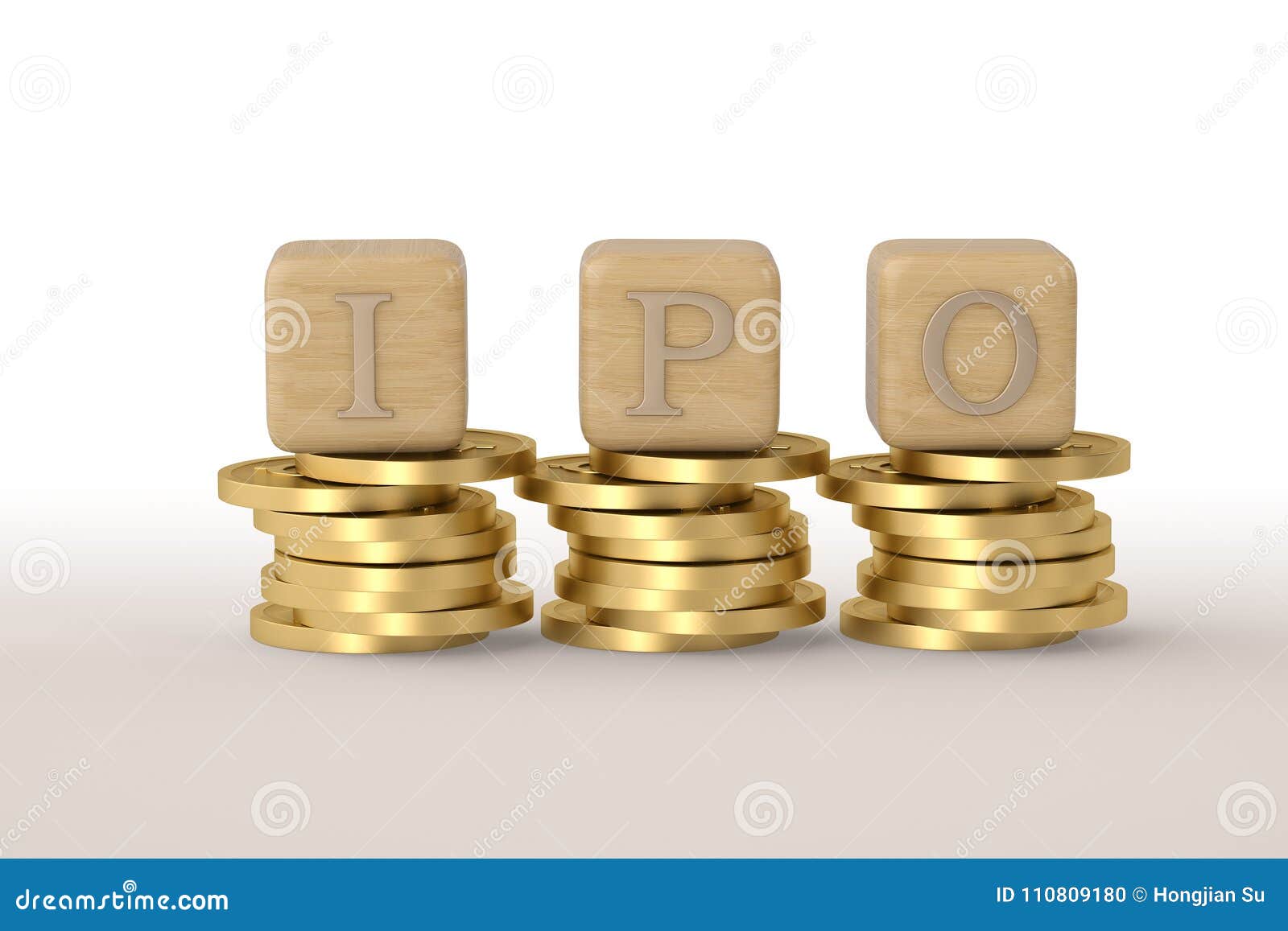 IPO Alphabet Block On Gold Coin.3D Illustration. Stock ...