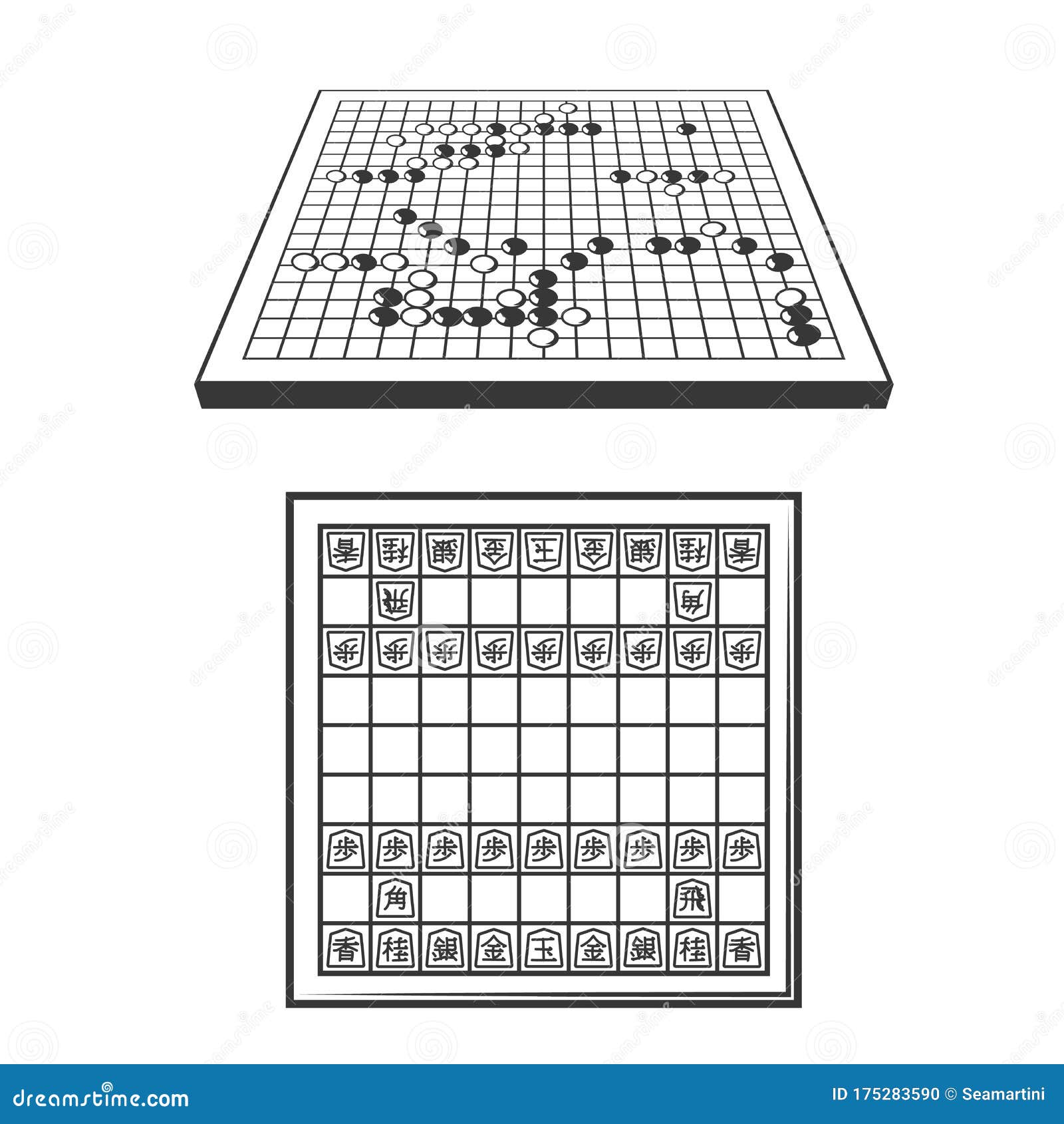 Ir E Pranchas Shogi Com Peças. Jogos Japoneses Ilustração do Vetor