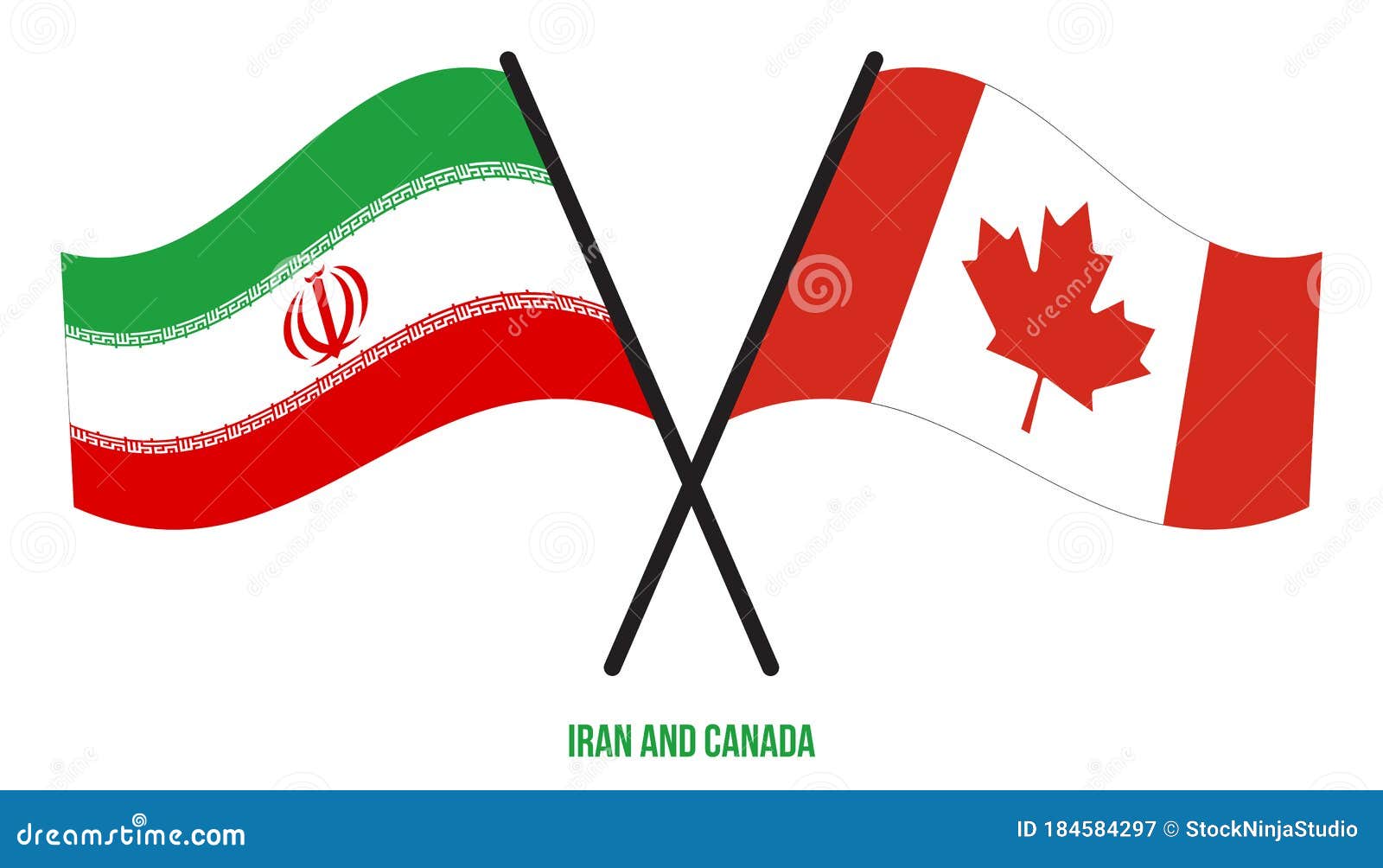 Iran and Canada Flags Crossed and Waving Flat Style. Official