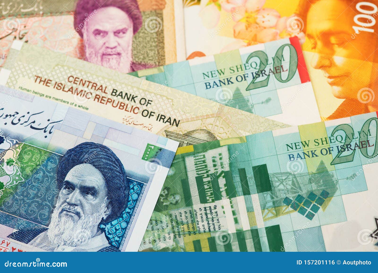 iran rial and israel shekel currency banknotes. irr ils