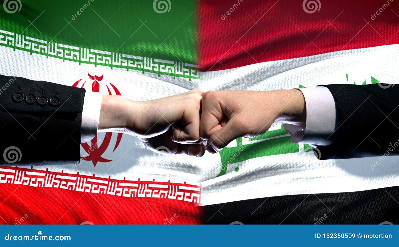 Iran Vs Iraq Conflict, International Relations Crisis, Fists On Flag