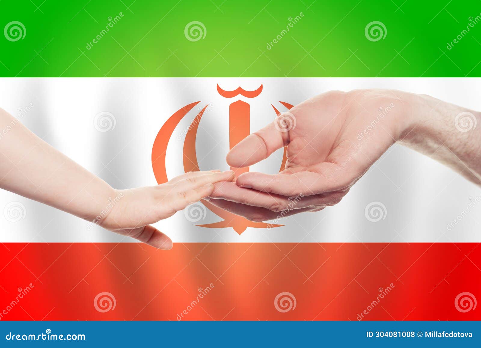 irani baby and parent hands on the background of flag of iran help, aid, support, charity concept