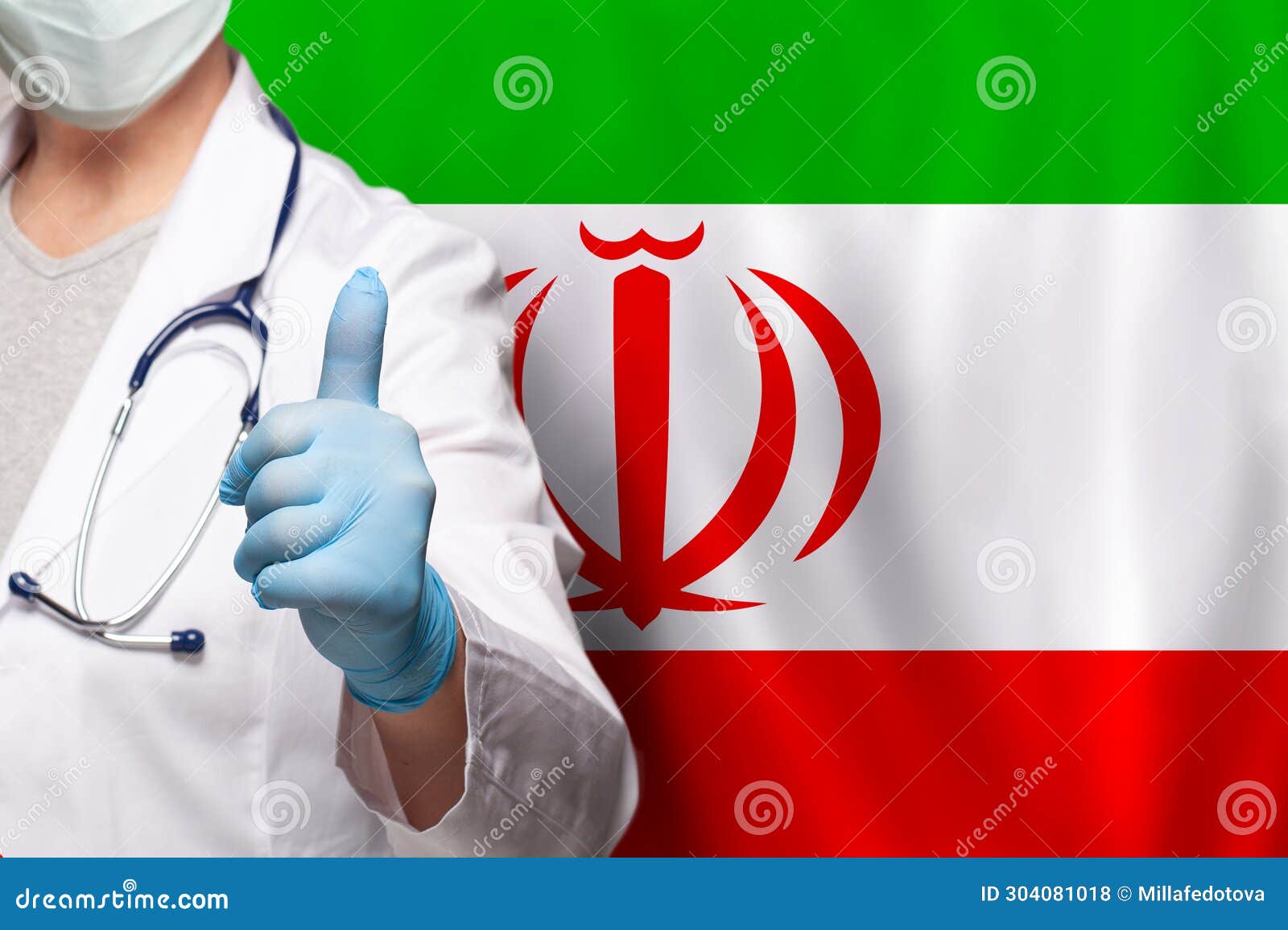 irani doctor's hand showing thumb up positive gesture on flag of iran background