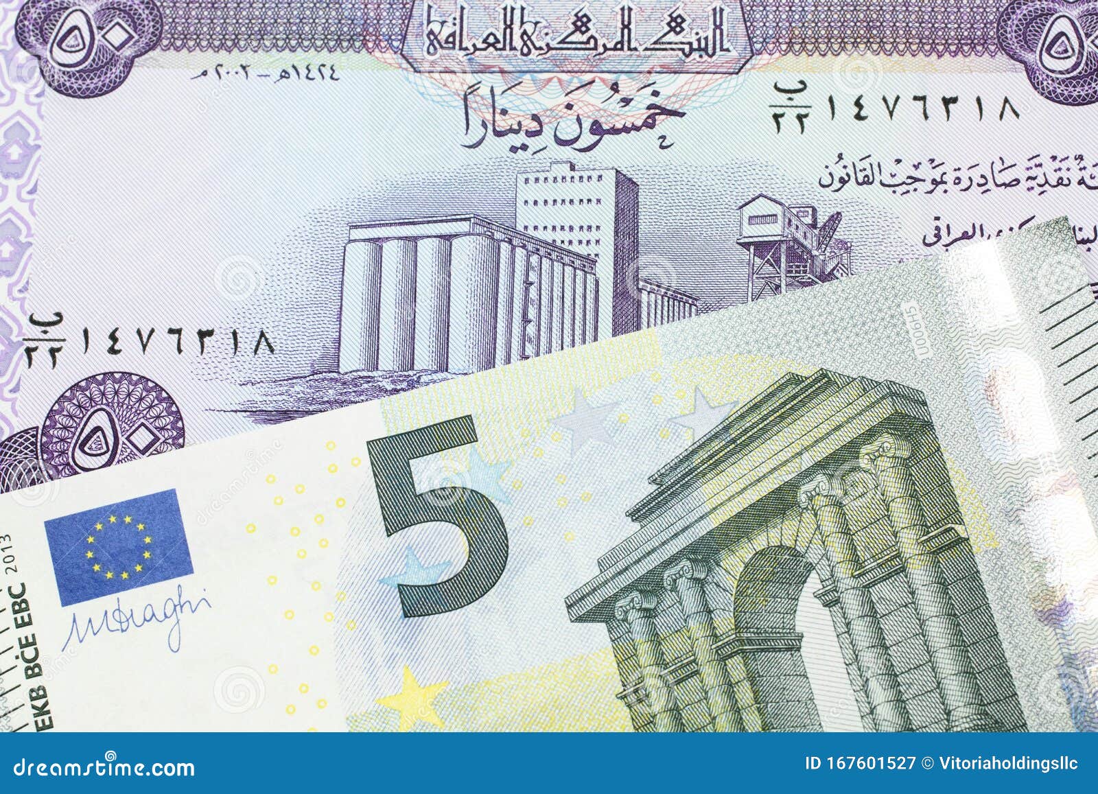 Euro To Dinar Iraq Iraqi Currency with a Five Euro Note Stock Image - Image of background,  france: 167601527