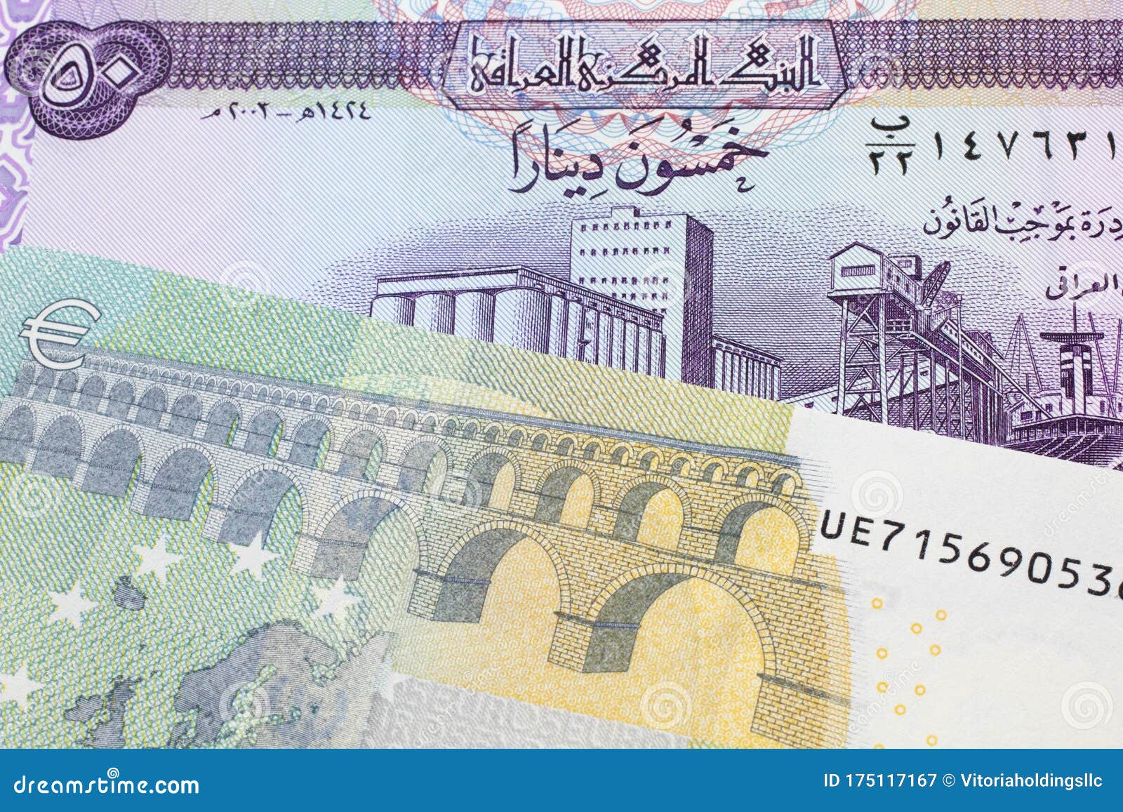 Euro To Dinar Iraq Iraqi Currency with a Five Euro Note Stock Image - Image of background, exchange: 175117167
