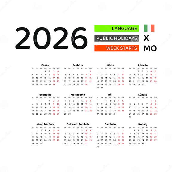 Ireland Calendar 2026. Week Starts from Monday. Vector Graphic Design ...