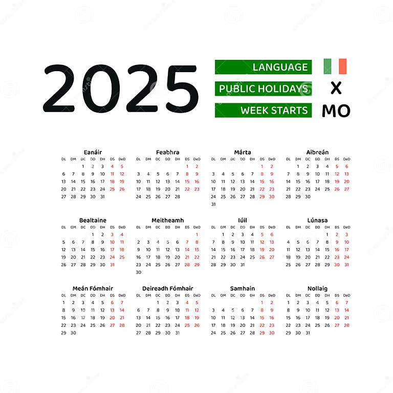 Ireland Calendar 2025. Week Starts from Monday. Vector Graphic Design ...