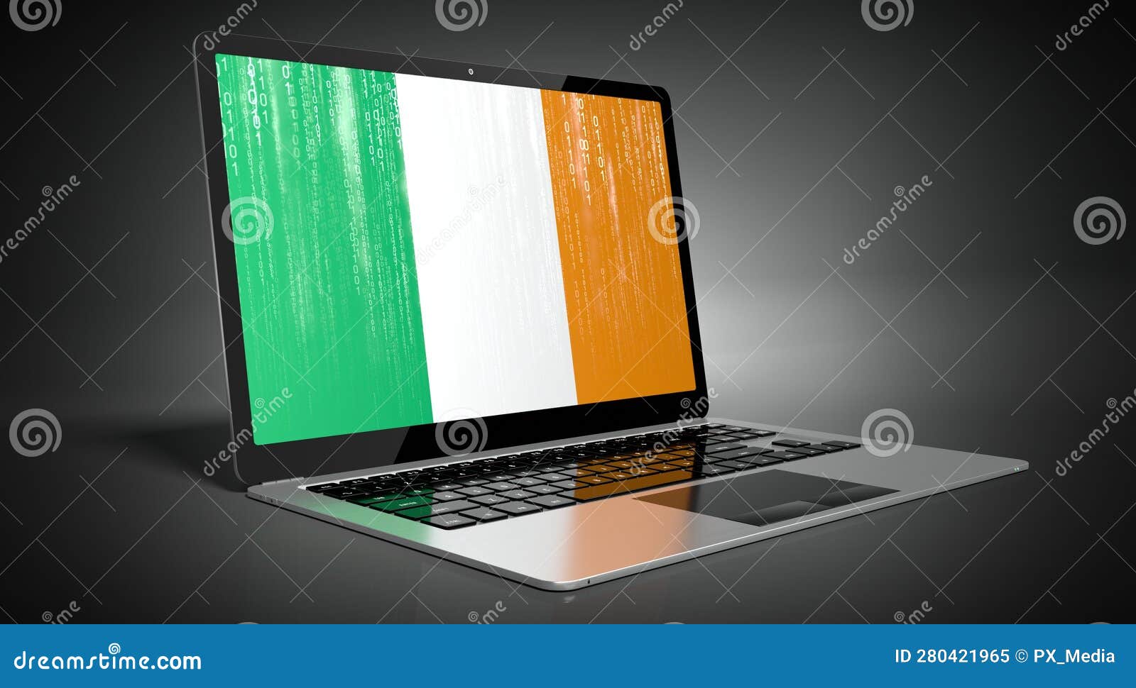 Ireland Country Flag and Binary Code on Laptop Screen Stock