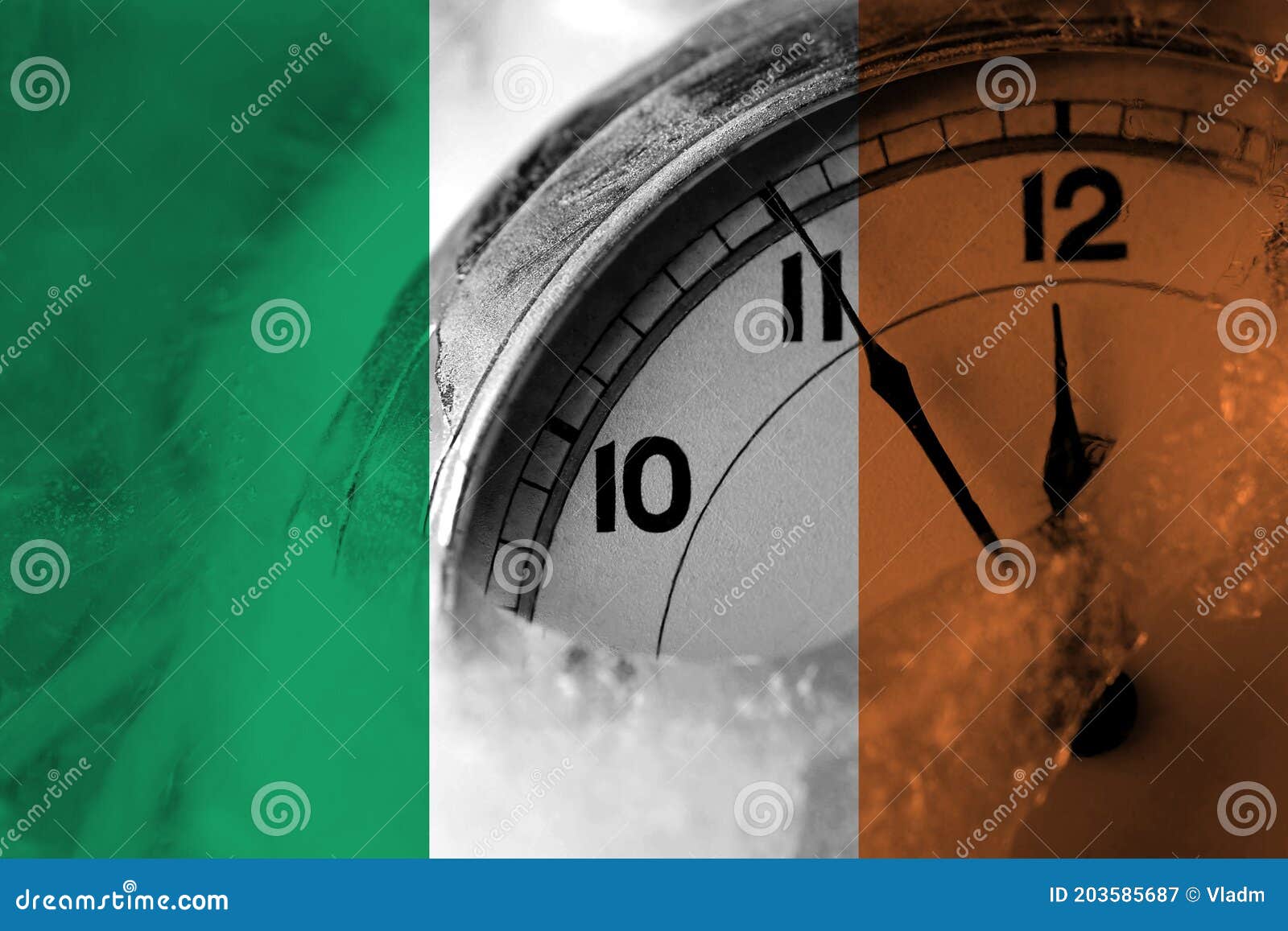 Ireland, Irish Flag with Clock Close To Midnight in the Background ...