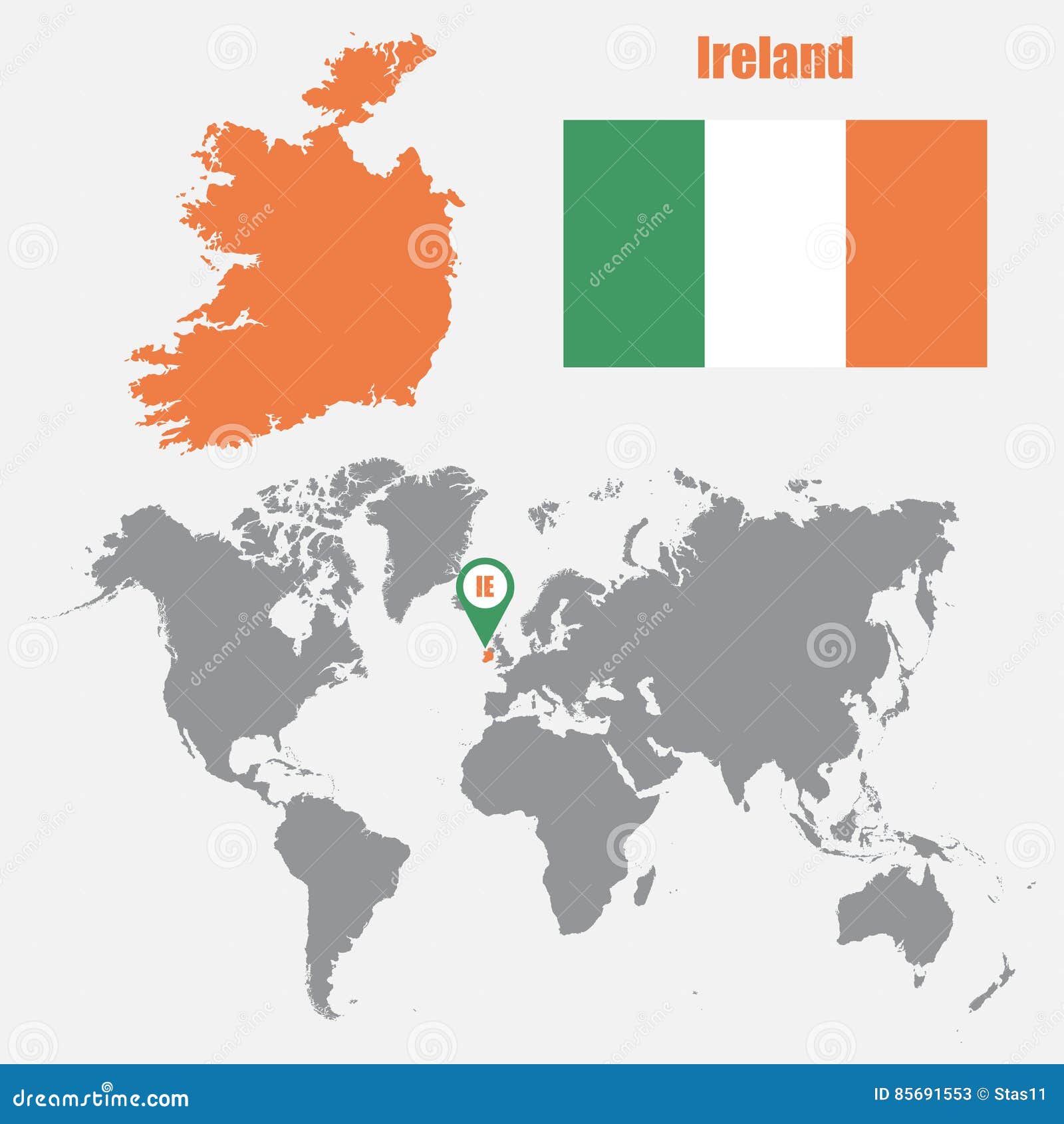 Ireland Map on a World Map with Flag and Map Pointer. Vector